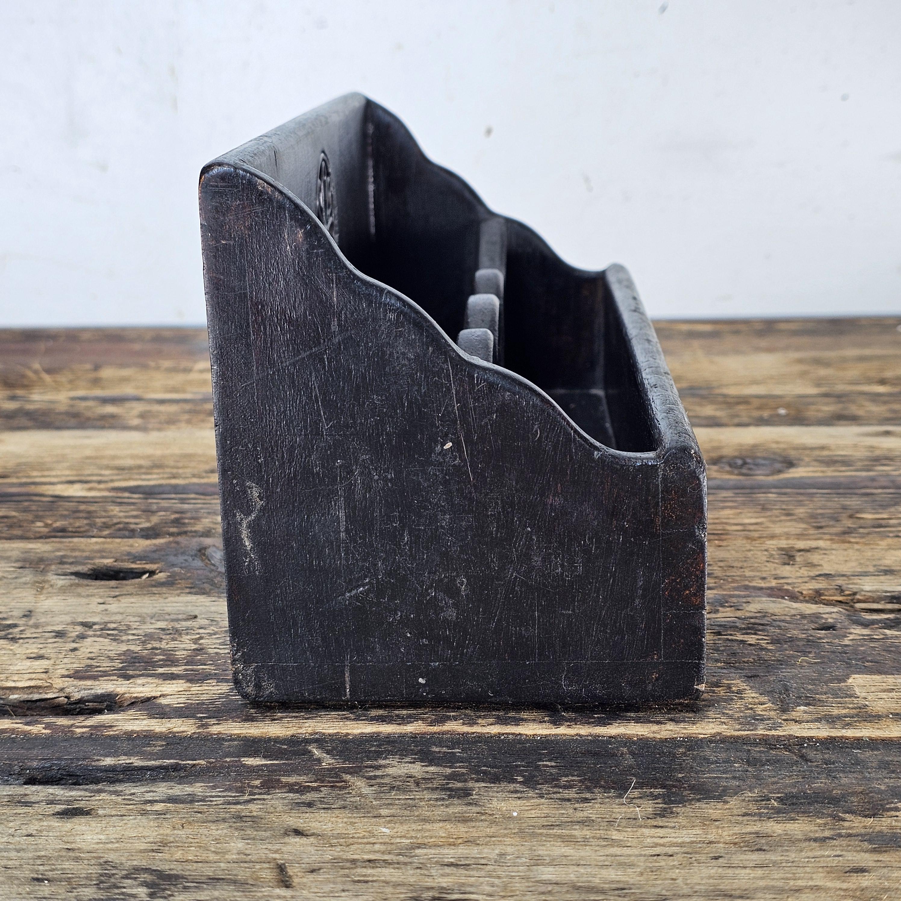 Vintage Wooden Black Painted Desk Organizer /Card Holder