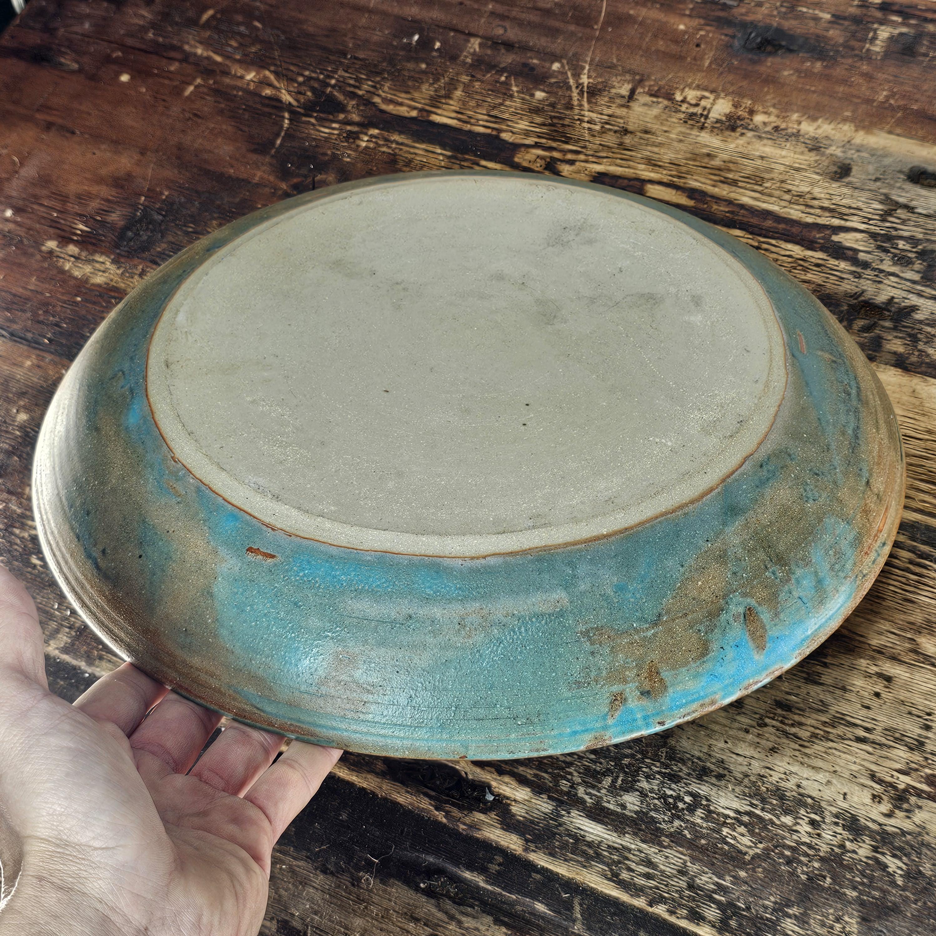 Studio Art Pottery Signed Shallow Dish Turquoise Starburst Glazed Plate 12.5"