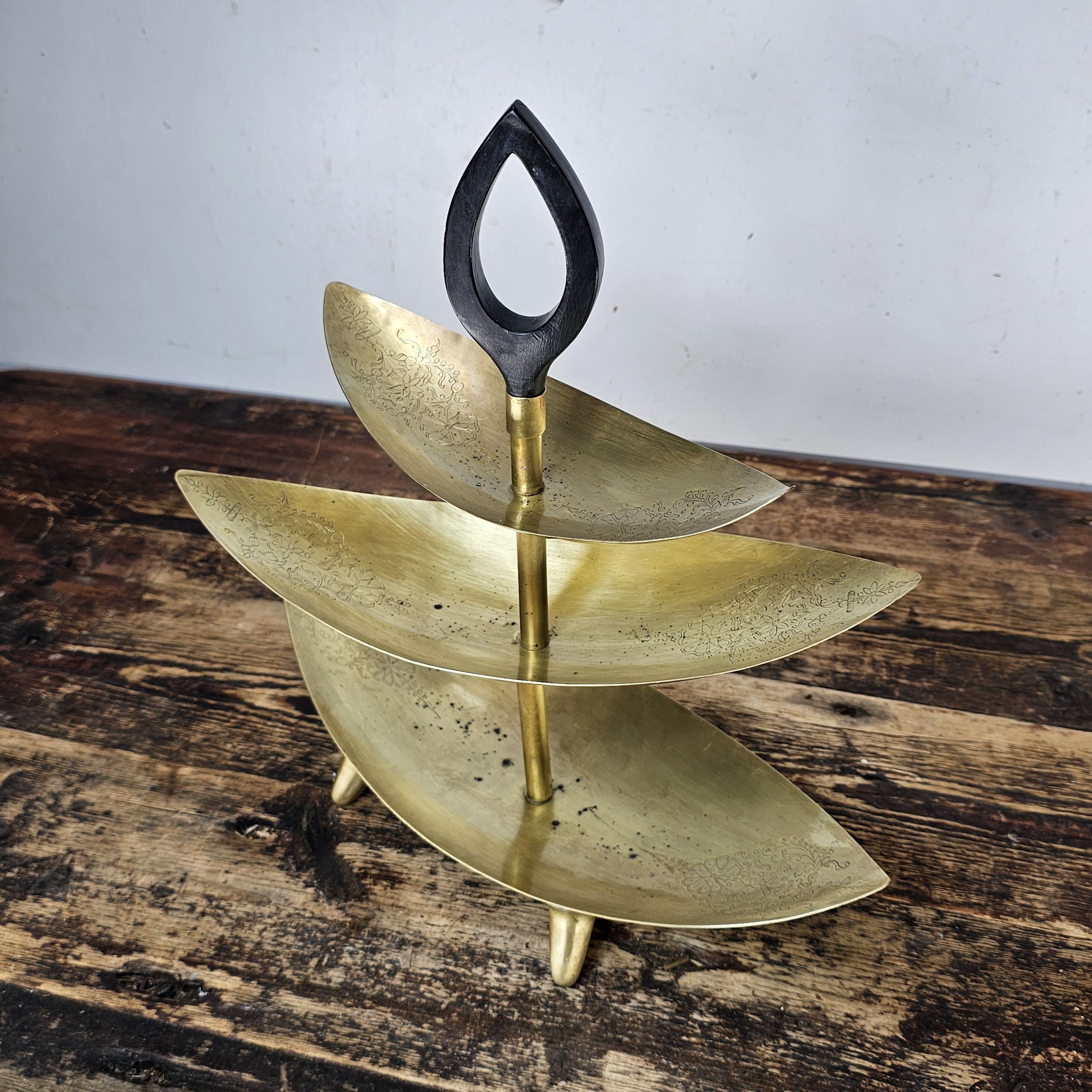Mid-Century Modern Footed Brass 3 Tier Cake Stand with Wood Handle