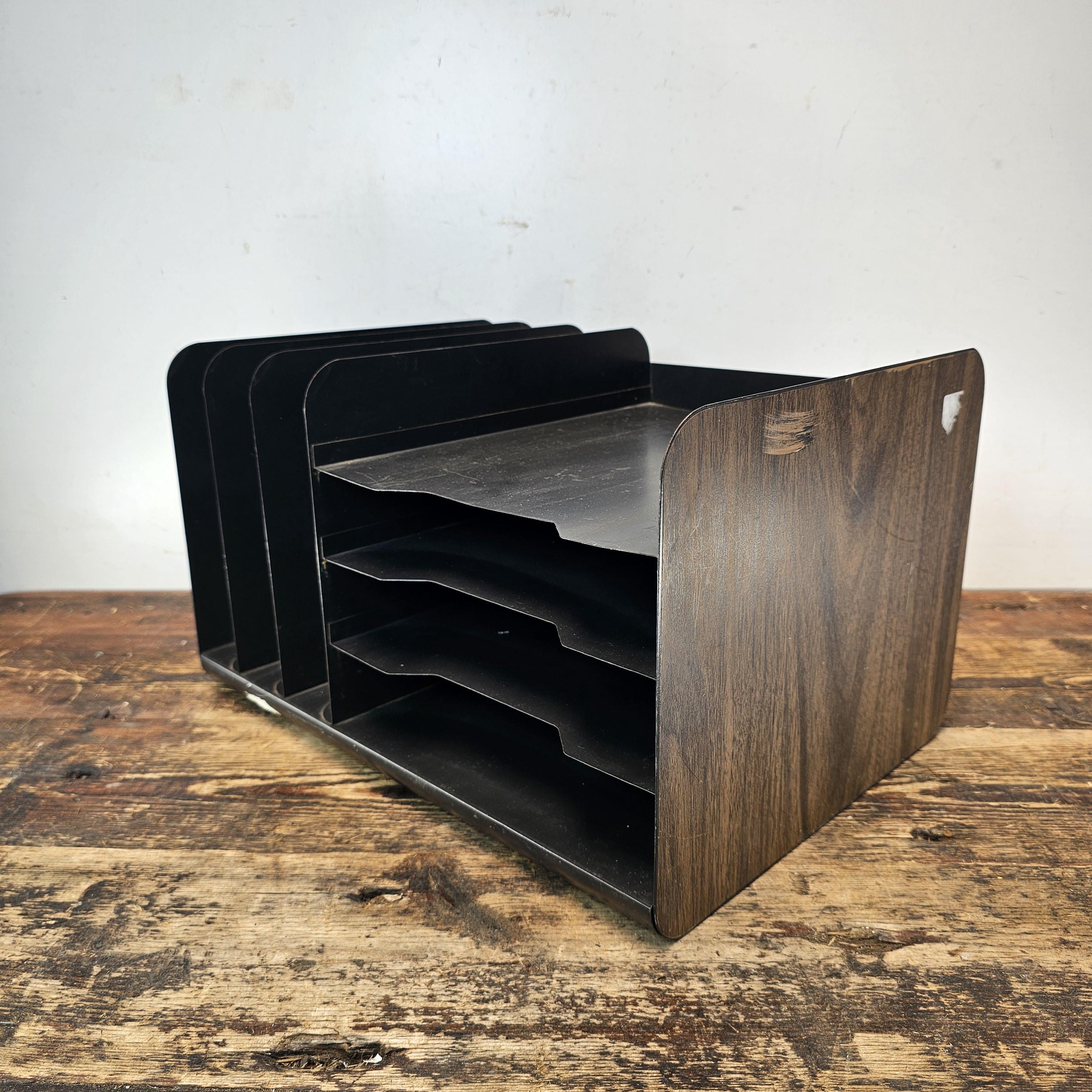 Vintage Mid-Century Desk Organizer with Wood Grain Finish