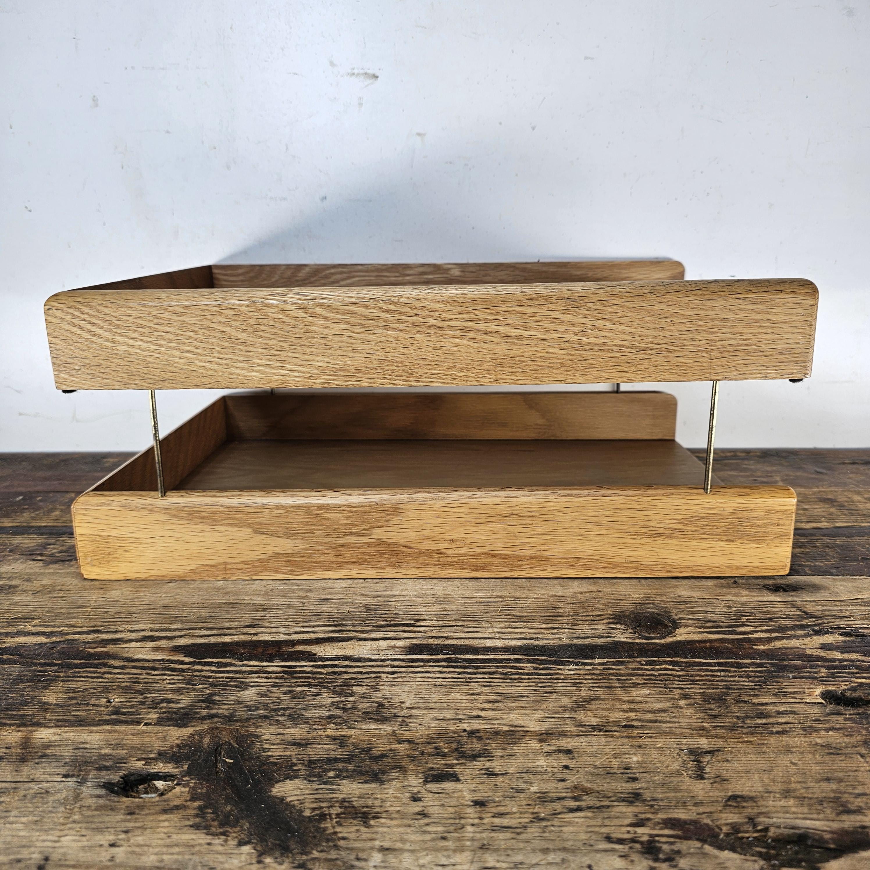 Carver Wood Products Solid Oak 2-Tier Desk Tray Set Mid-Century Modern