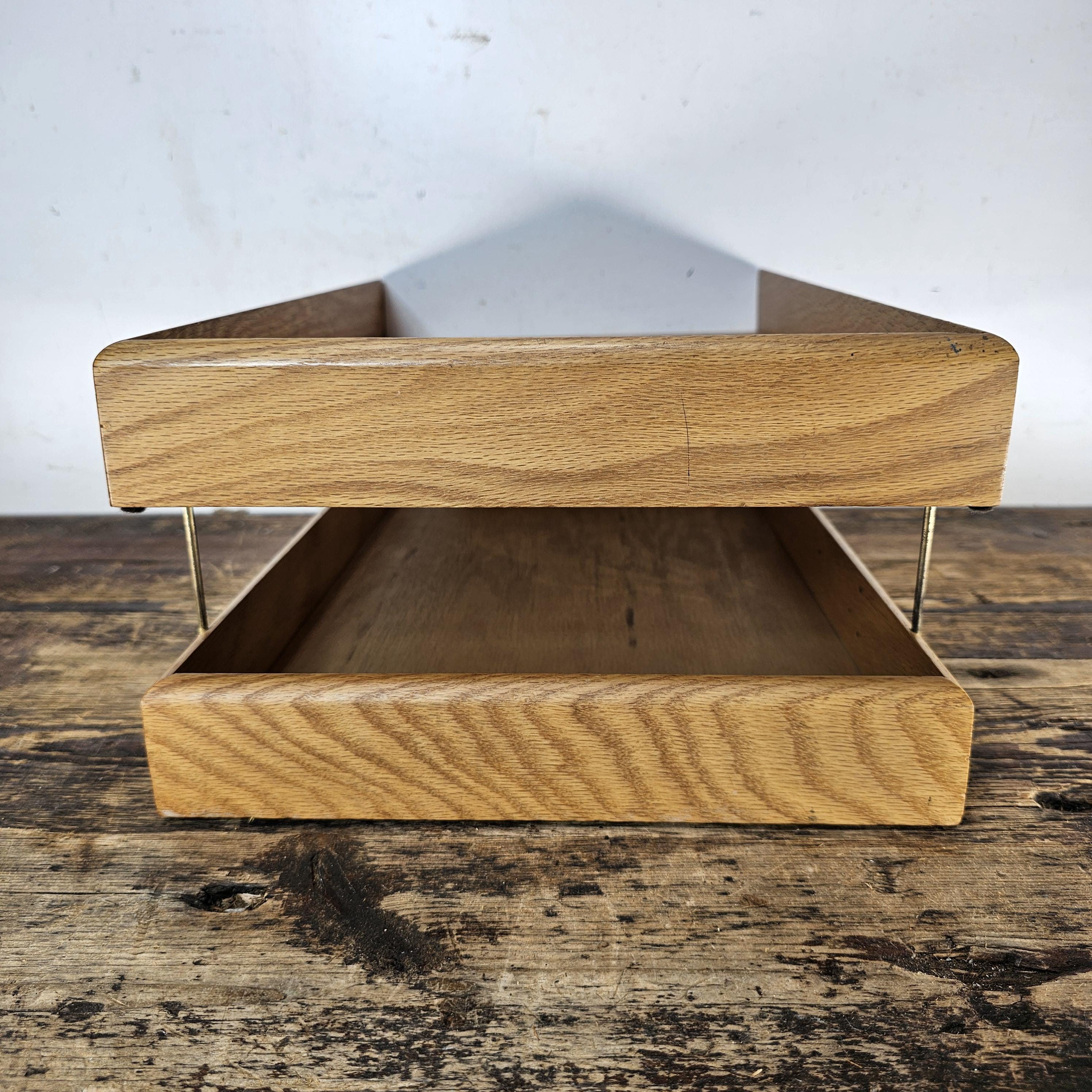 Carver Wood Products Solid Oak 2-Tier Desk Tray Set Mid-Century Modern