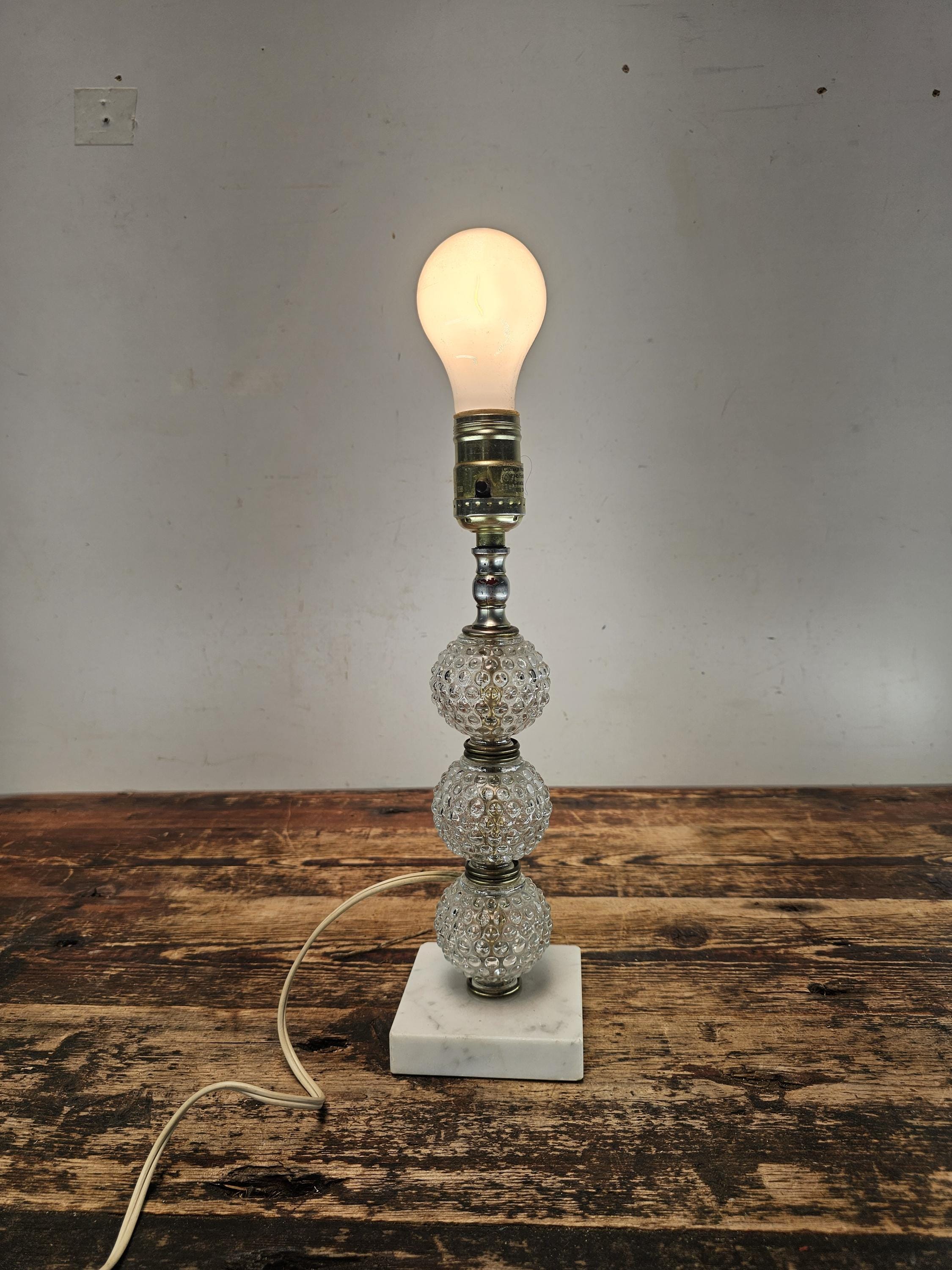 Vintage Hobnail Glass Table Lamp with Marble Base 12.5"H