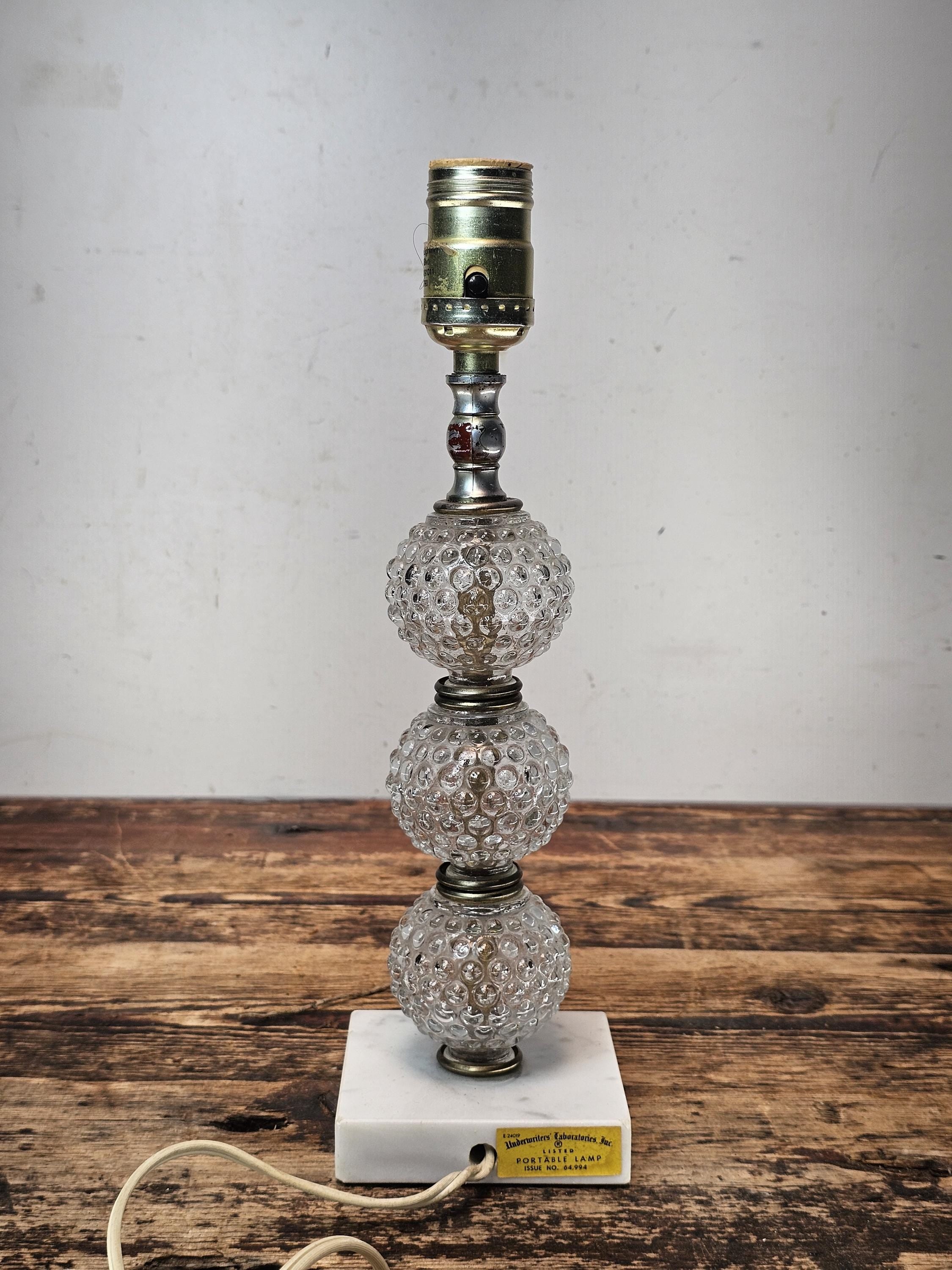 Vintage Hobnail Glass Table Lamp with Marble Base 12.5"H