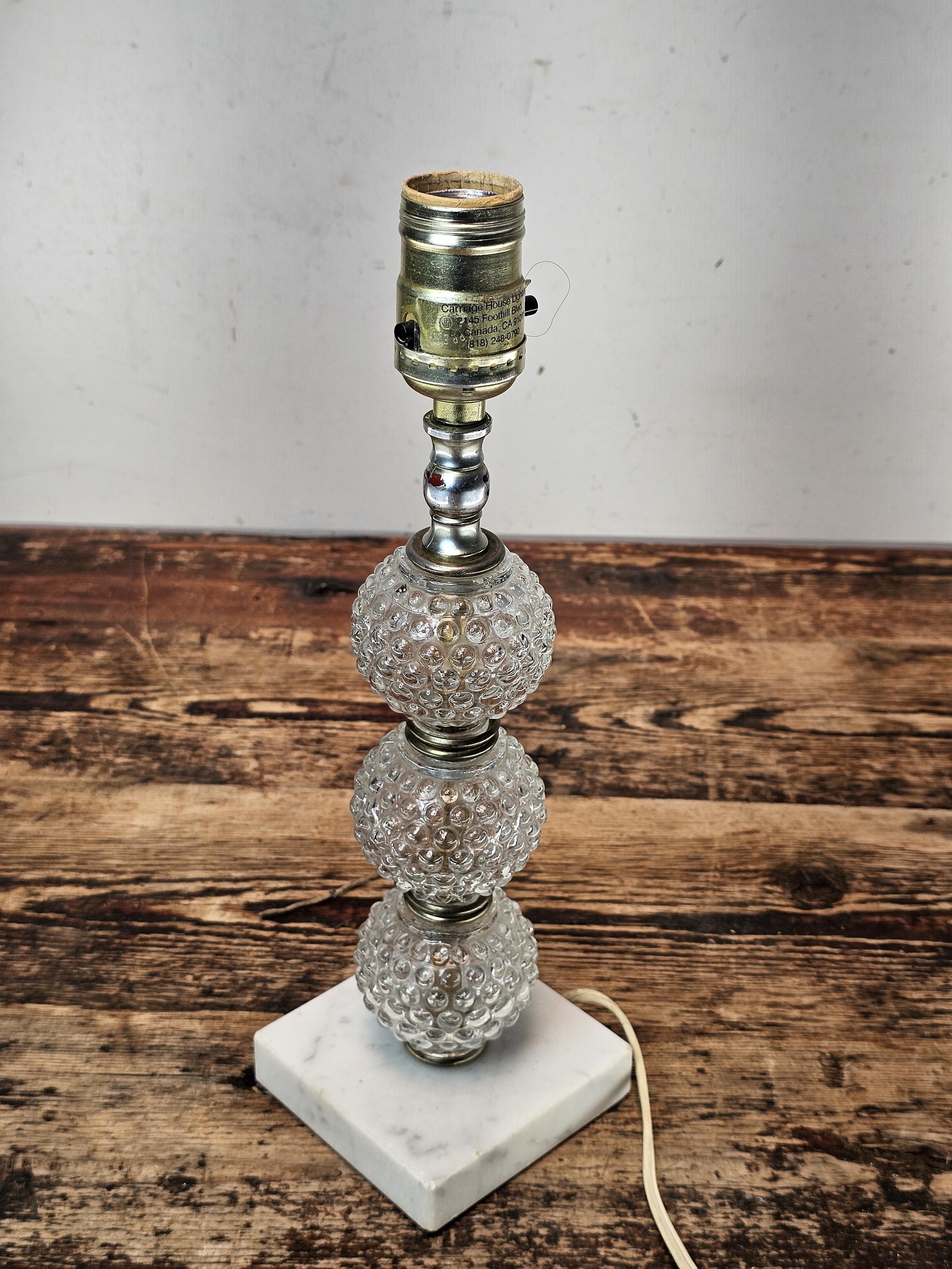 Vintage Hobnail Glass Table Lamp with Marble Base 12.5"H