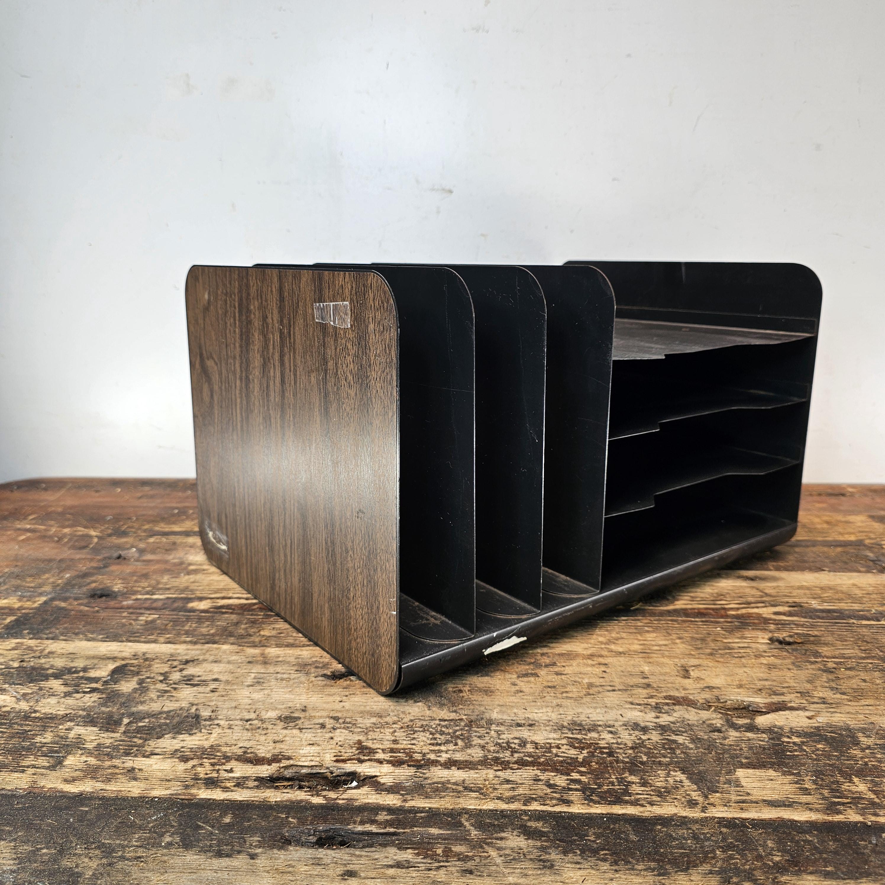 Vintage Mid-Century Desk Organizer with Wood Grain Finish