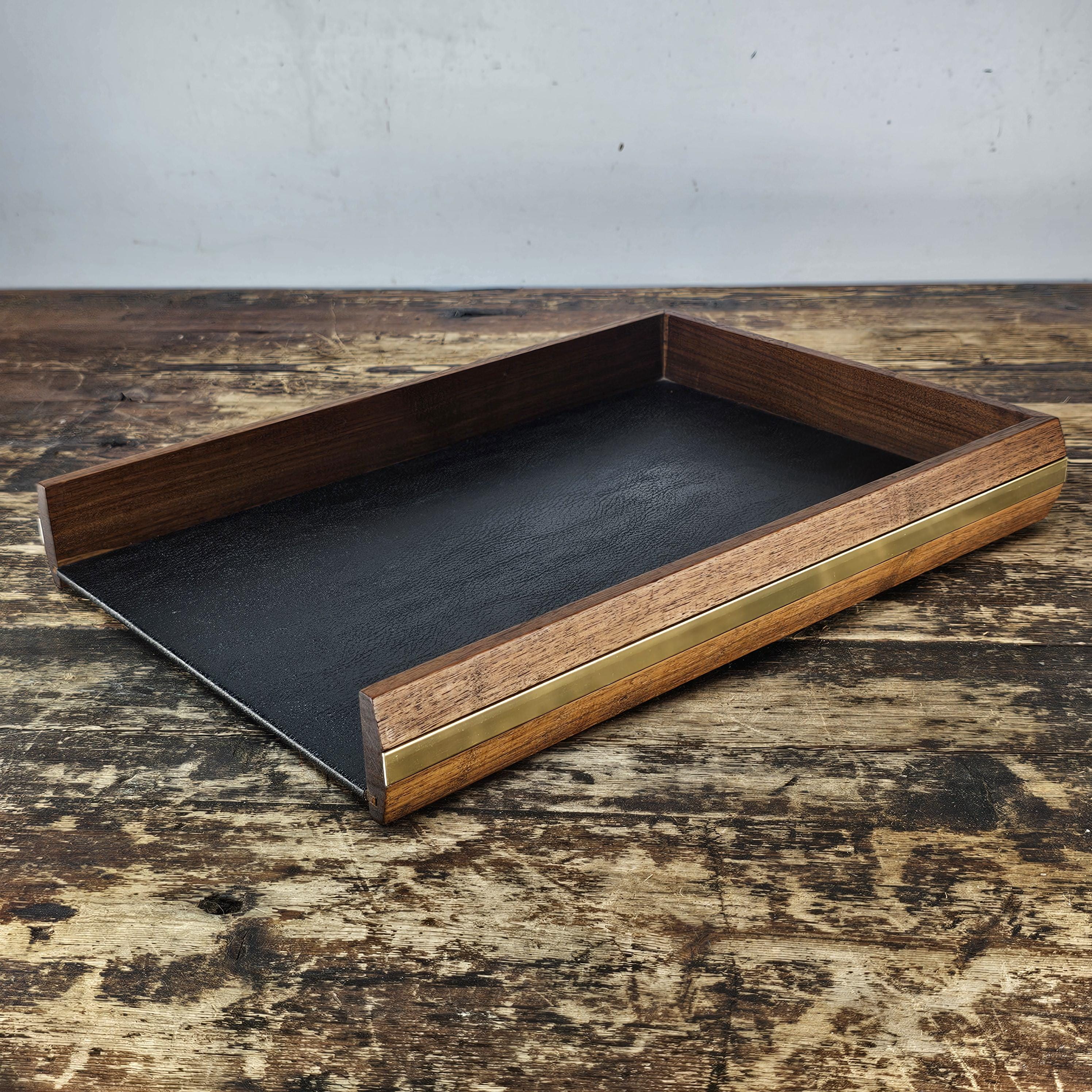 Executive Wood Desk Tray w/ Gold Metal Rim & Black Leather Style Interior