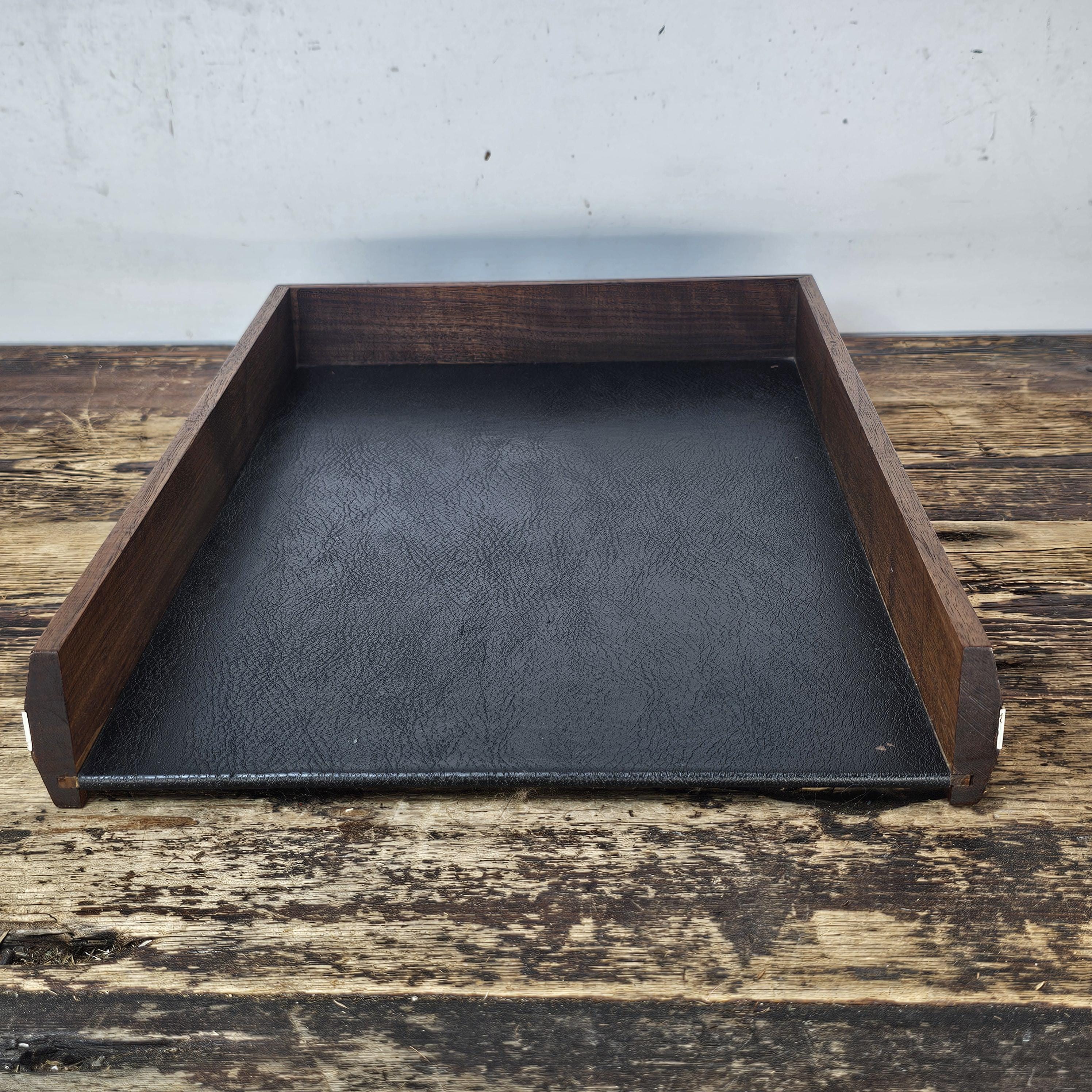 Executive Wood Desk Tray w/ Gold Metal Rim & Black Leather Style Interior