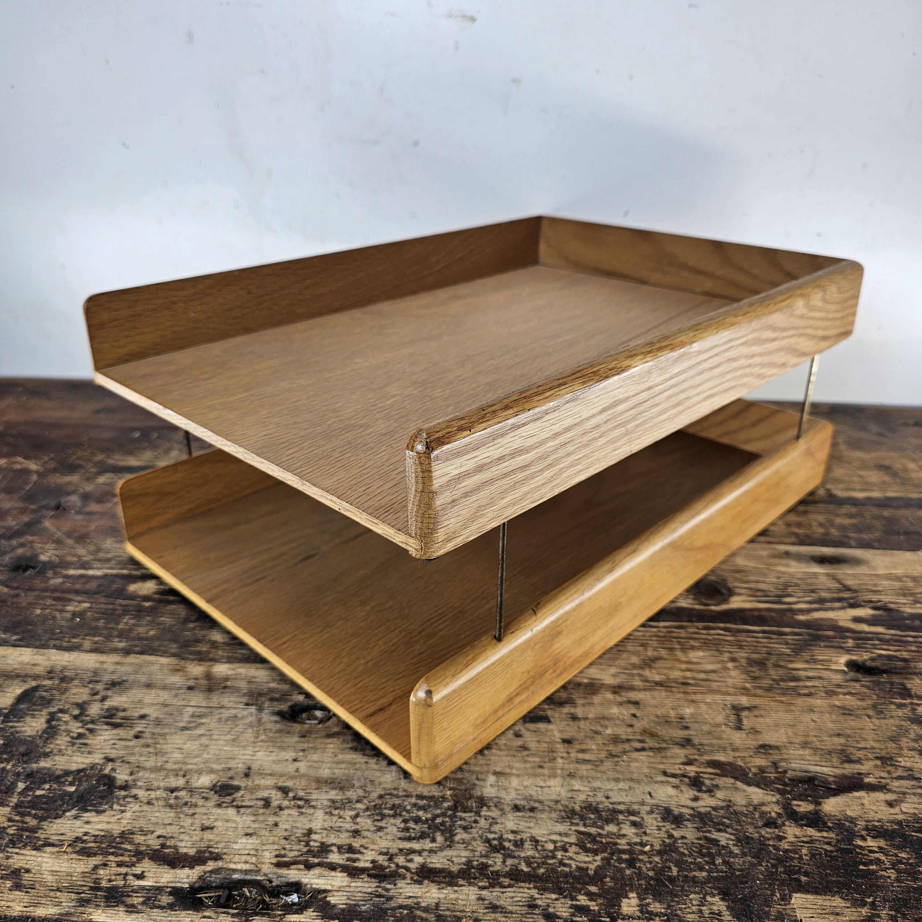 Carver Wood Products Solid Oak 2-Tier Desk Tray Set Mid-Century Modern