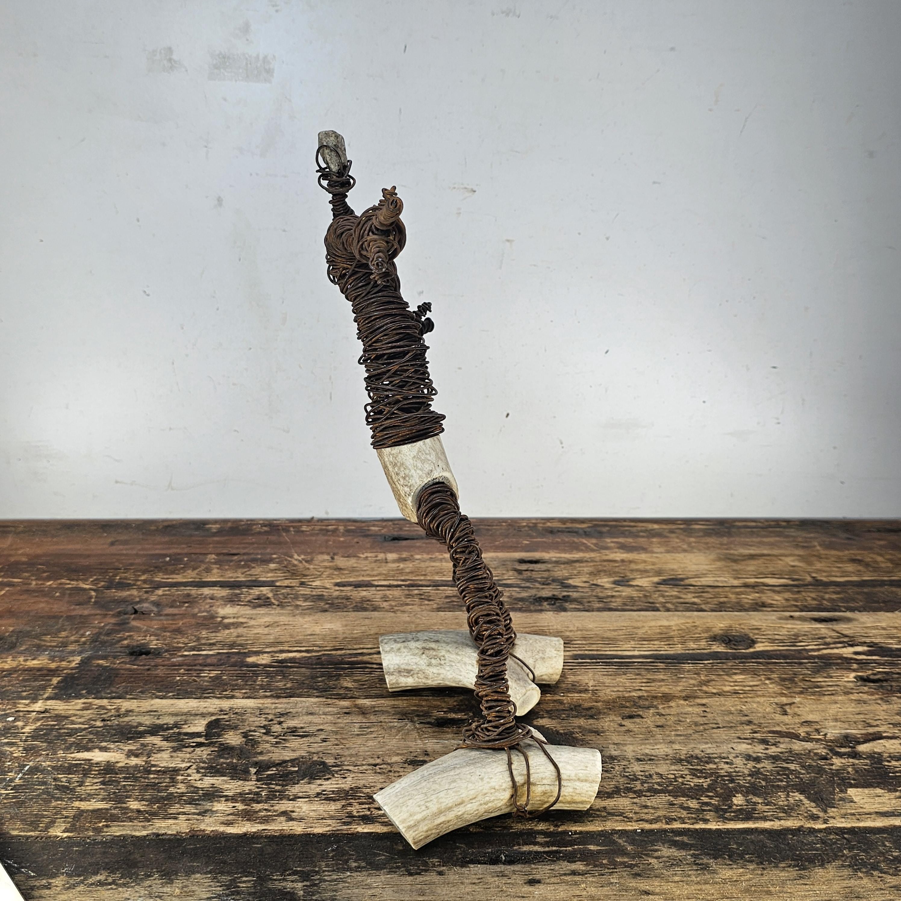 Brutalist Wire & Bone Figural Sculpture 13"H