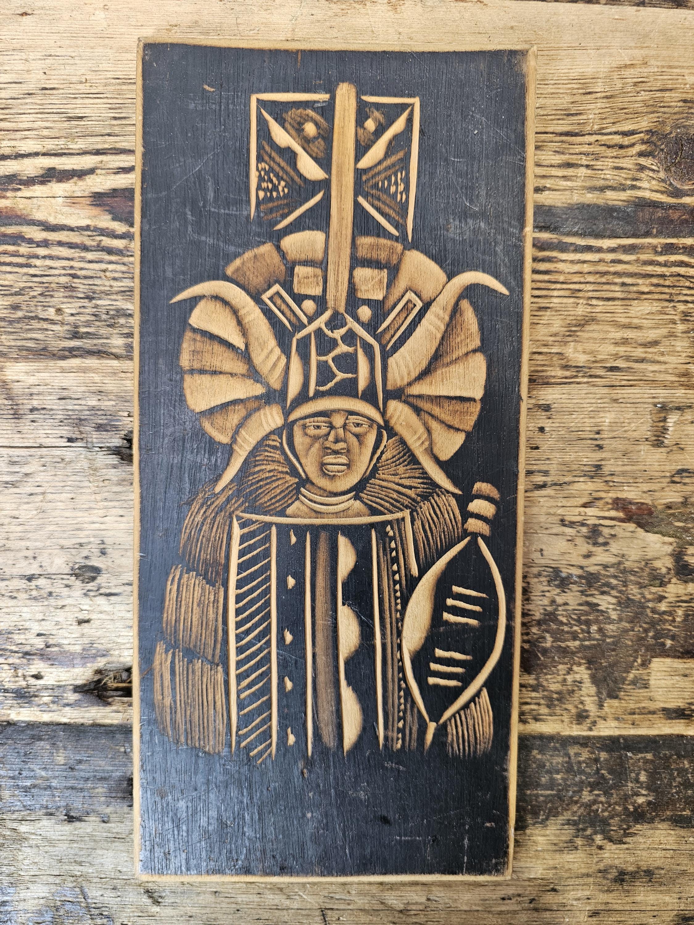 Hand-Carved Zulu Warrior Wooden Wall Plaque Southern African Folk Art 12" x 5.5"