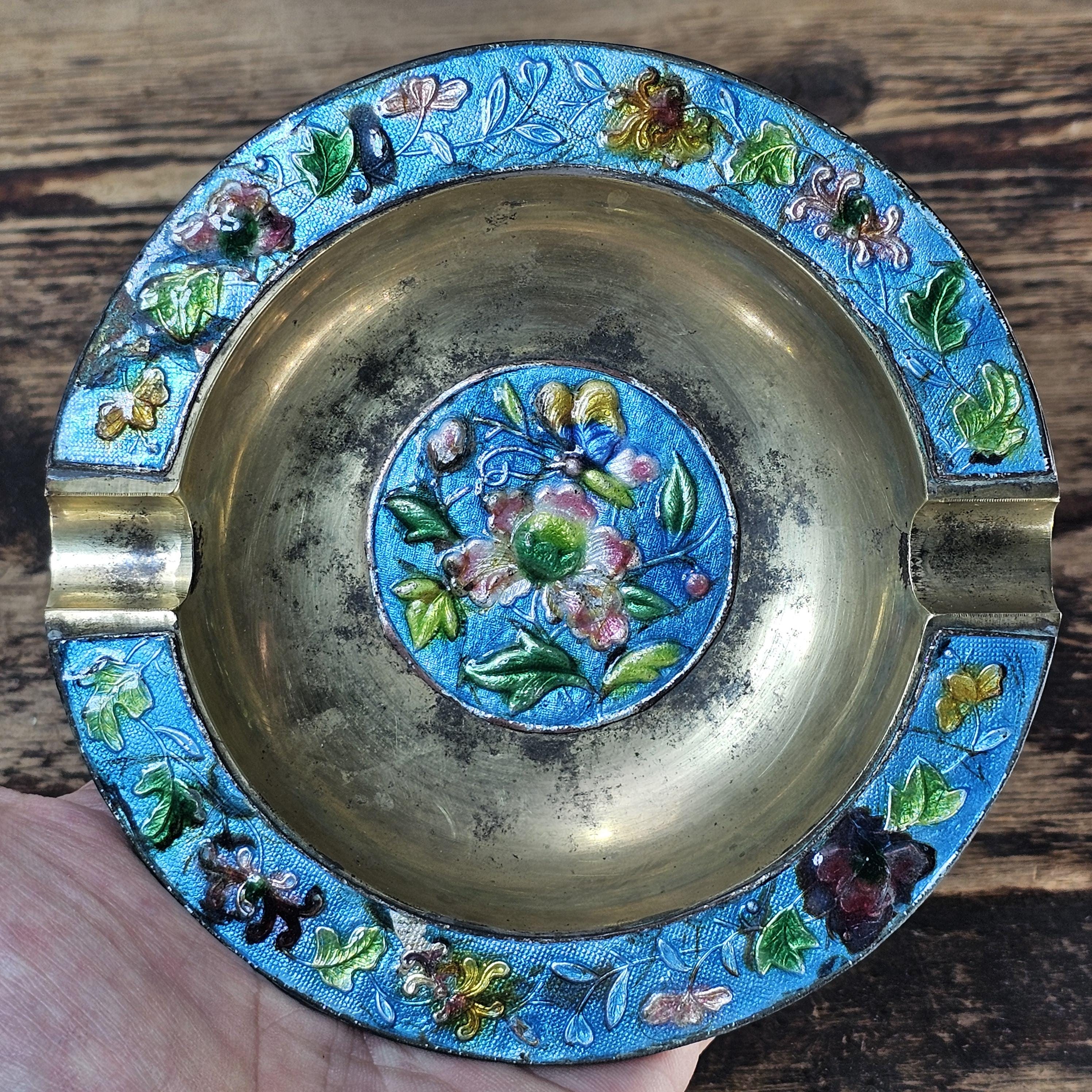 Vintage Chinese Cloisonné Enamel & Brass Ashtray | Ornate Floral Motif 5.25"