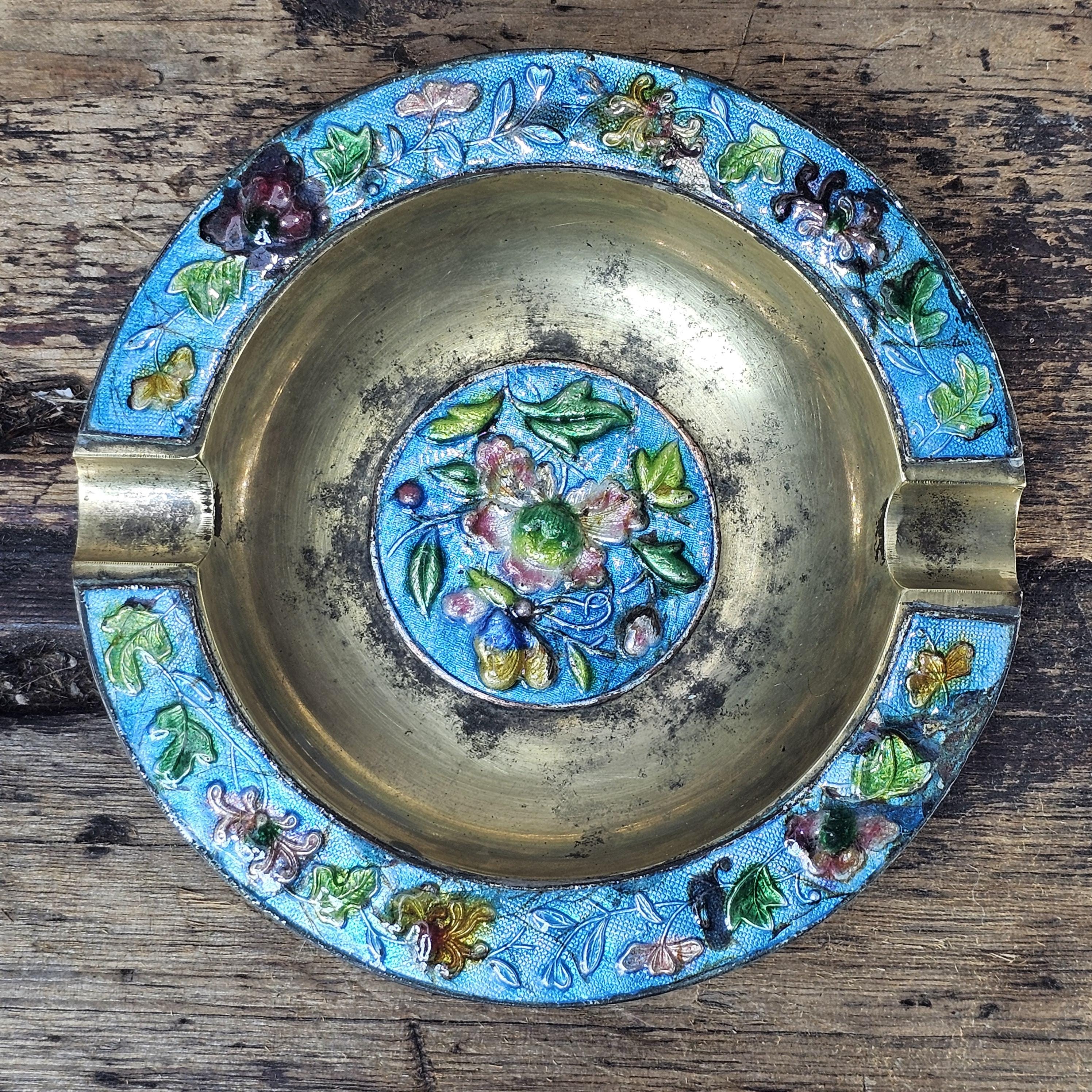 Vintage Chinese Cloisonné Enamel & Brass Ashtray | Ornate Floral Motif 5.25"