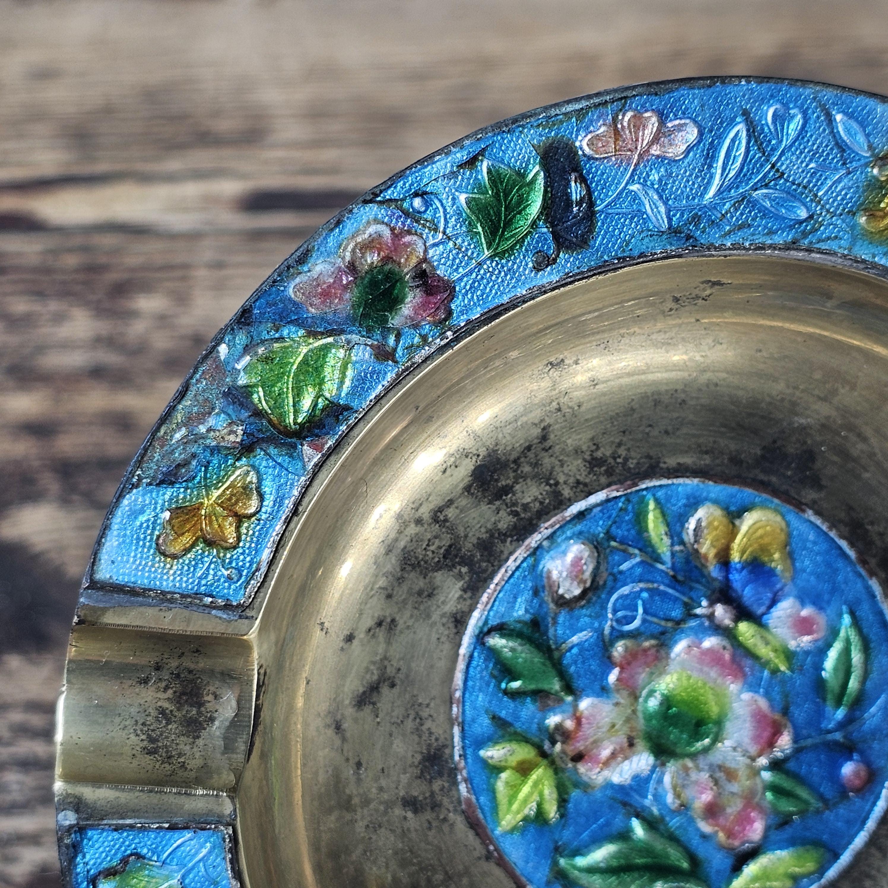 Vintage Chinese Cloisonné Enamel & Brass Ashtray | Ornate Floral Motif 5.25"
