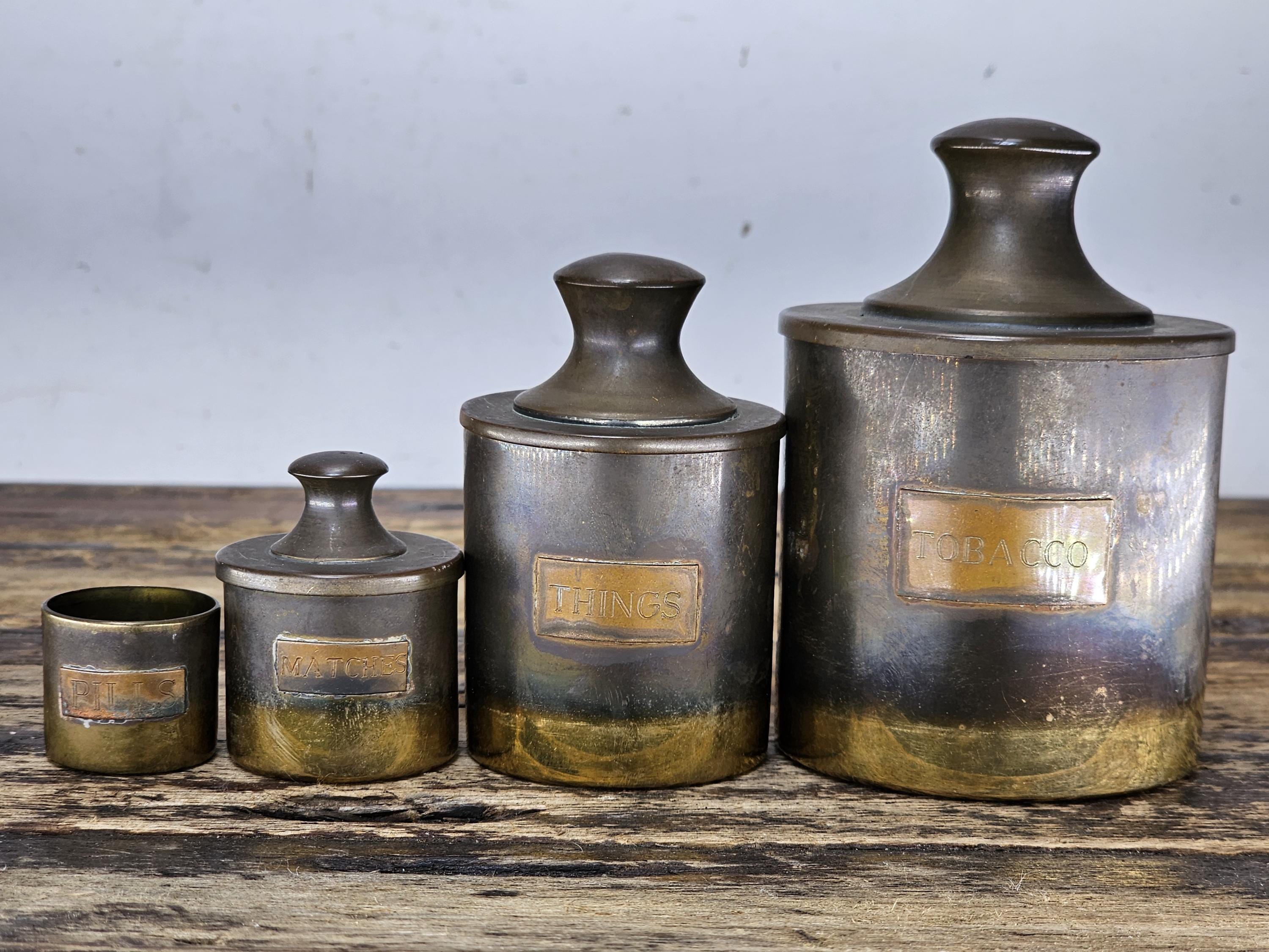 Vintage-Style Brass Canister Set with Wooden Base