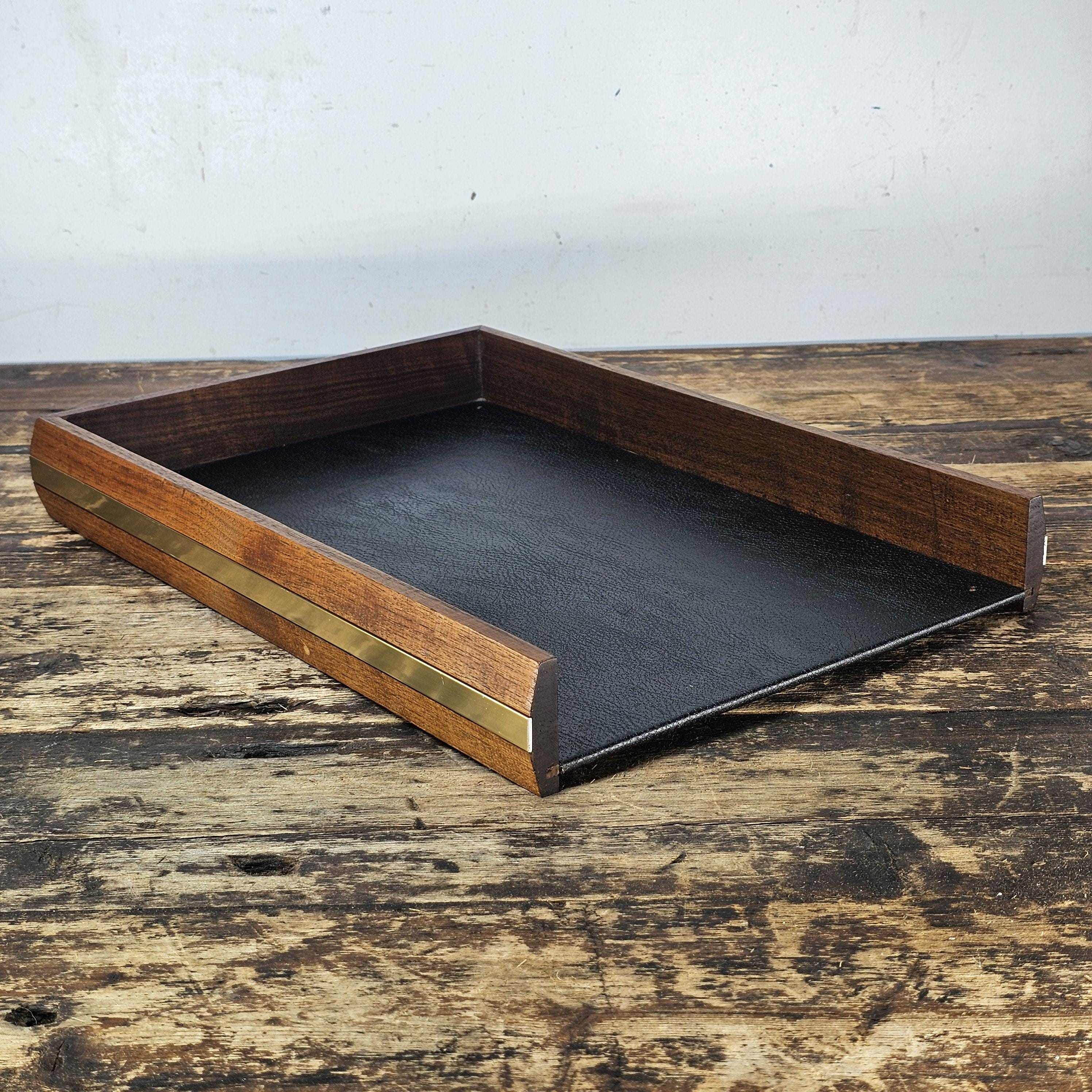 Executive Wood Desk Tray w/ Gold Metal Rim & Black Leather Style Interior