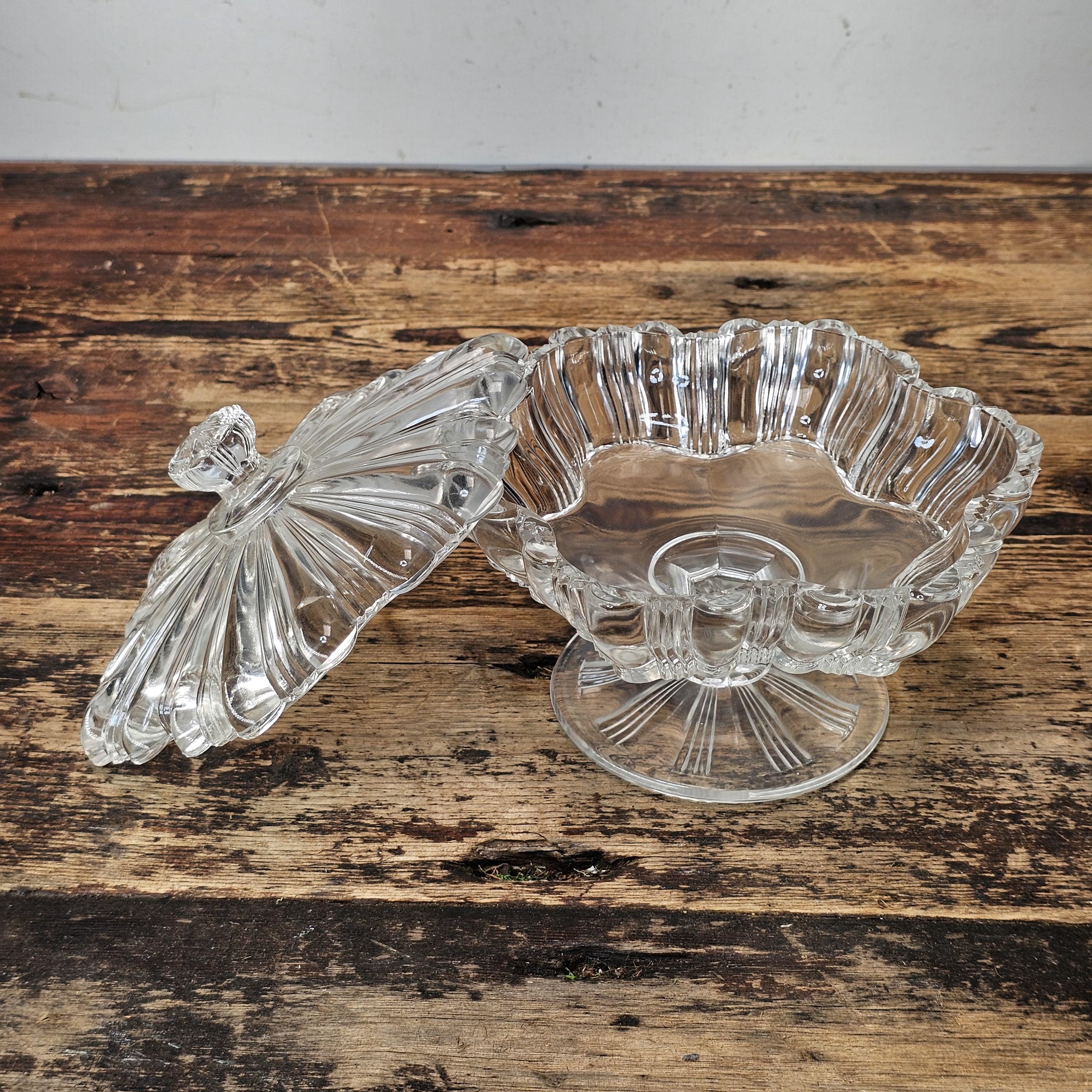 Vintage Pressed Glass Pedestal Candy Dish with Lid