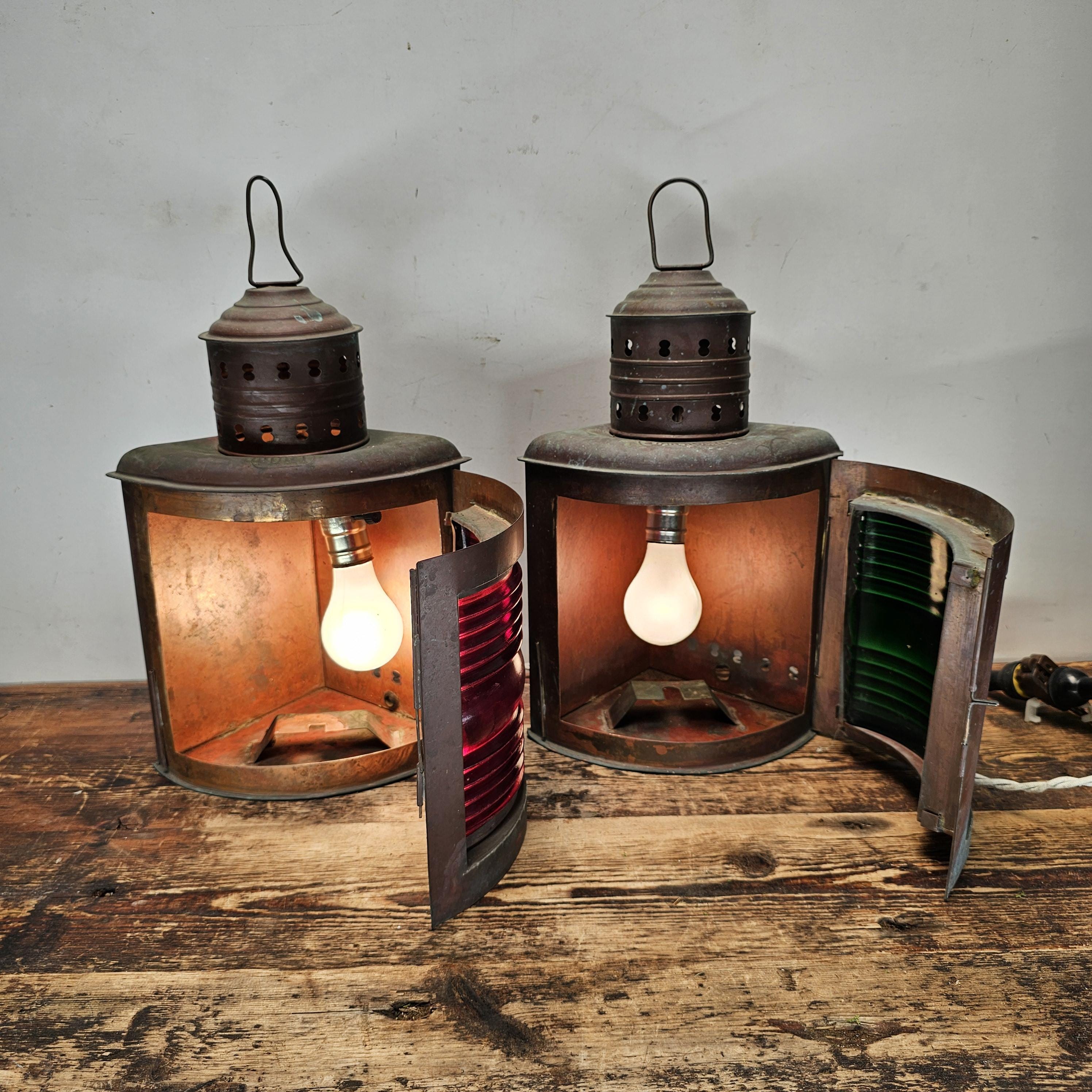 Authentic Vintage USA Copper Marine Lamps - Set of 2 Red/Green Ship Lights