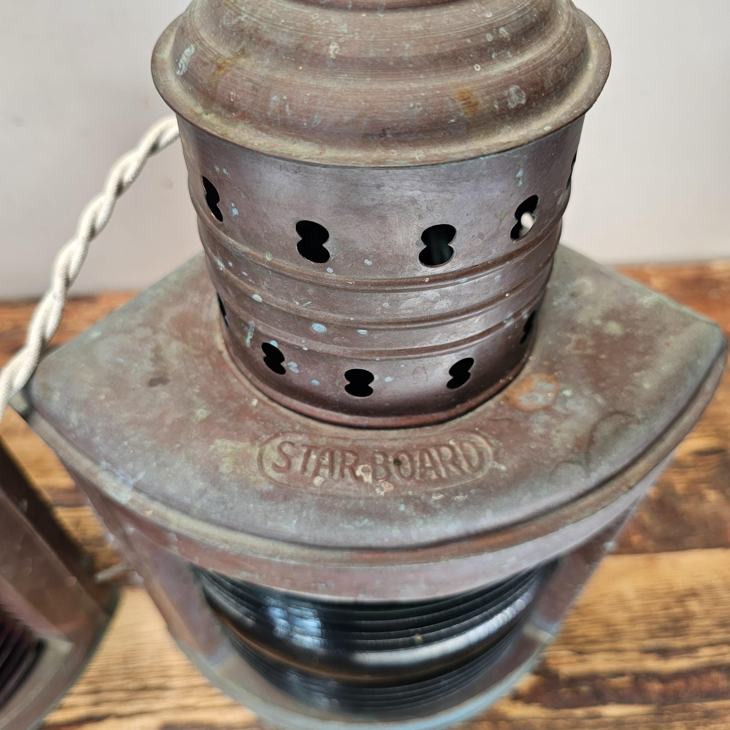 Authentic Vintage USA Copper Marine Lamps - Set of 2 Red/Green Ship Lights