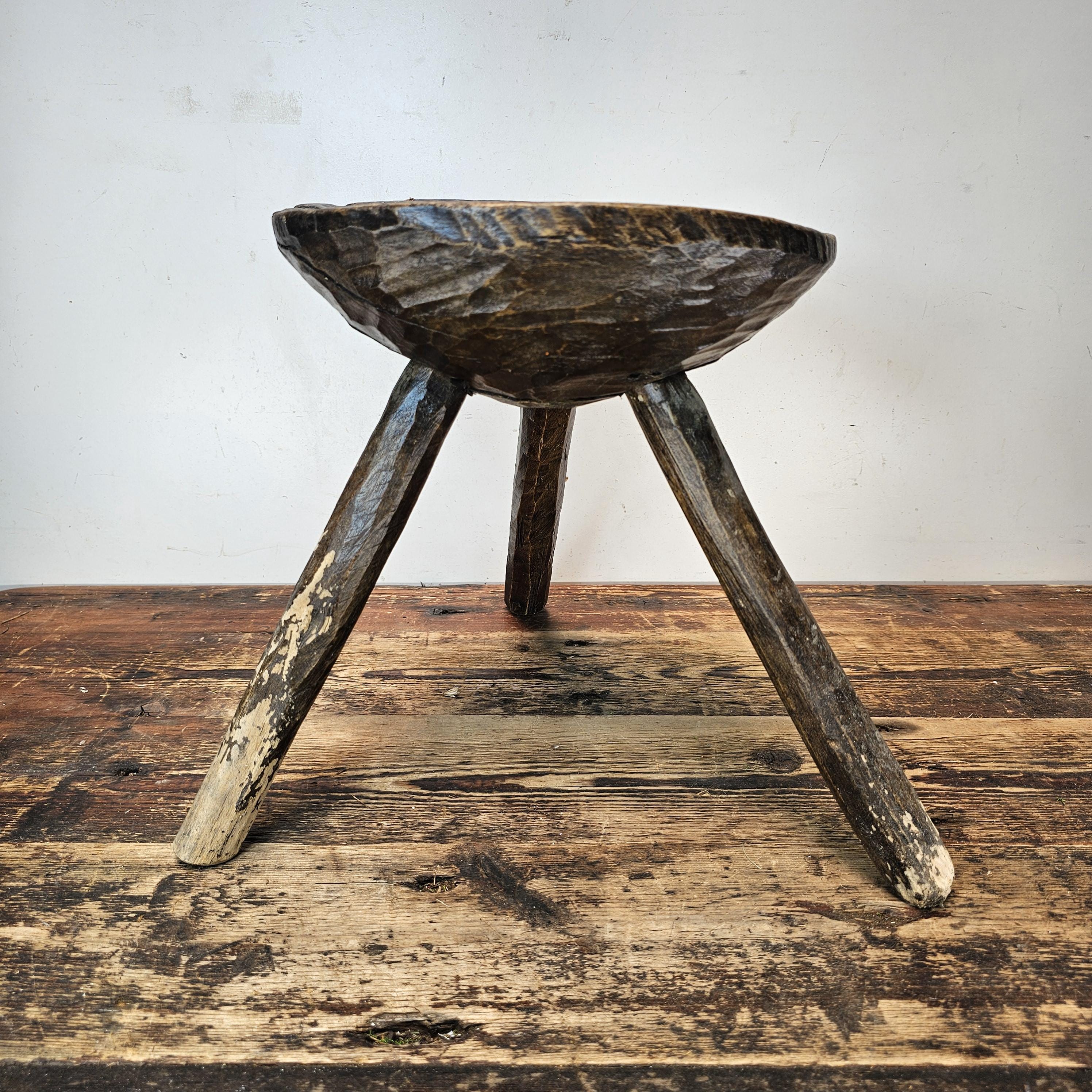 Authentic 18th-19th Century European Primitive Milking Stool / Wabi Sabi 12.75"H