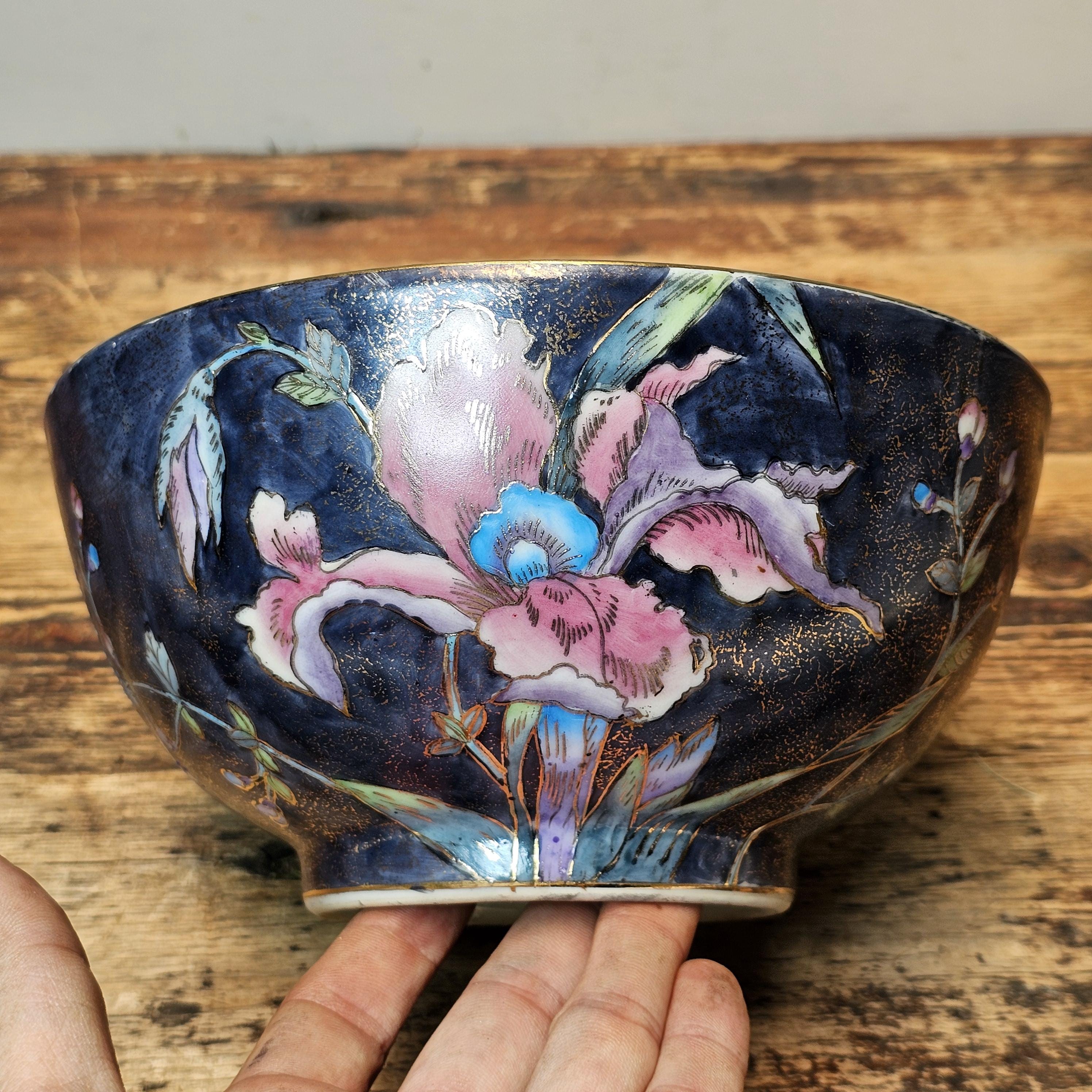 Vintage Chinese Export Ware Porcelain Bowl with Hand-Painted Iris & Gold Leaf