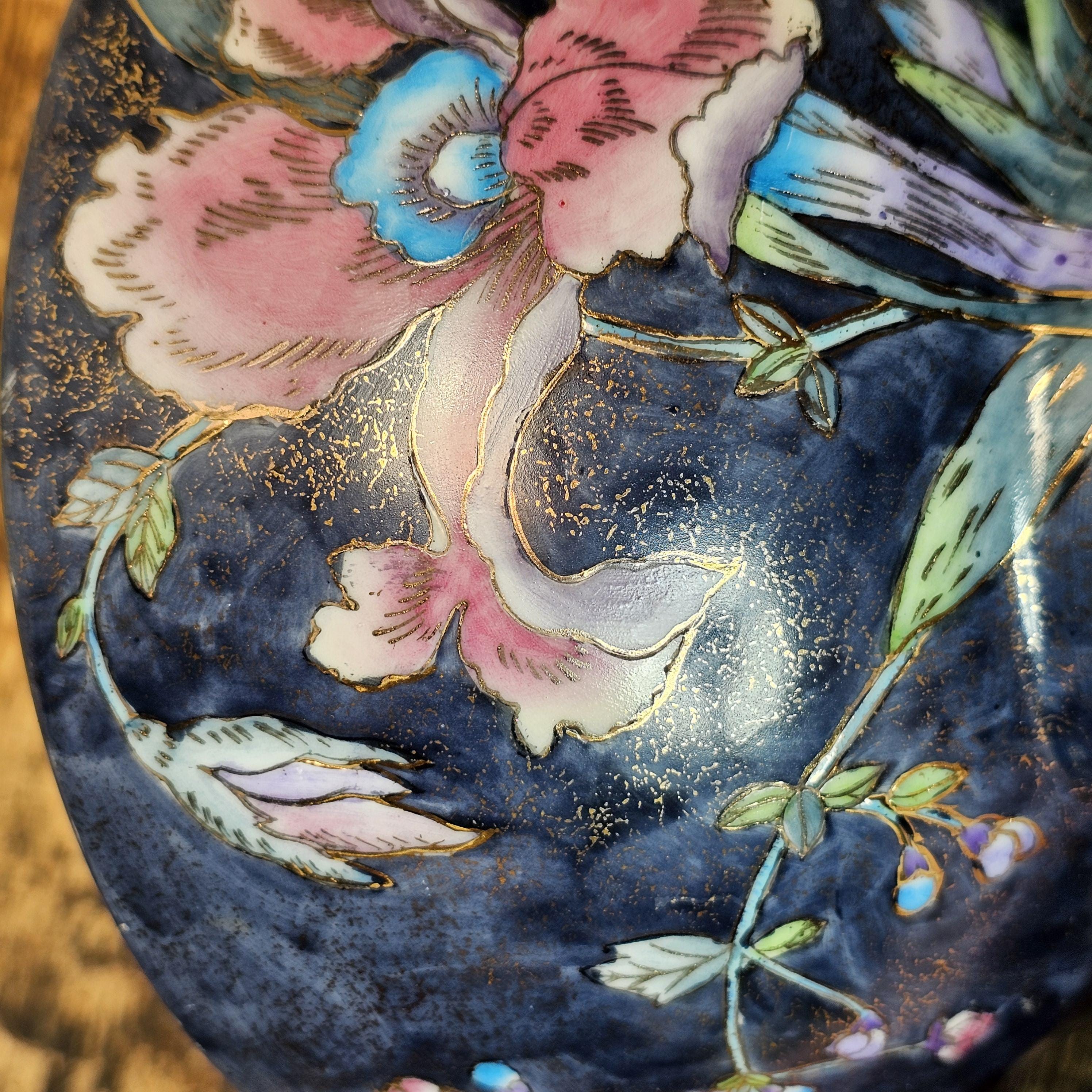 Vintage Chinese Export Ware Porcelain Bowl with Hand-Painted Iris & Gold Leaf