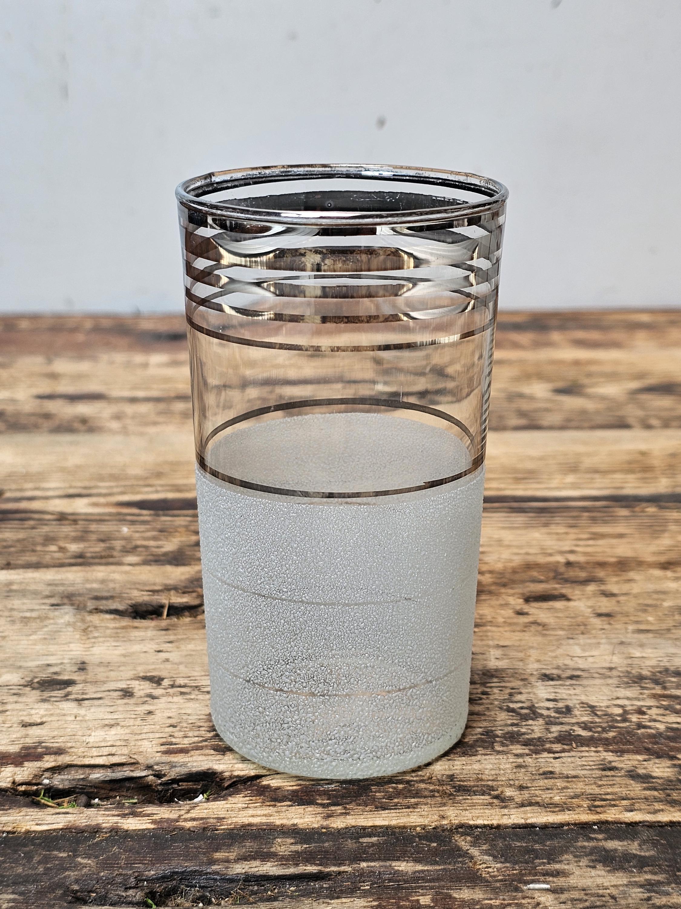 Set of 5 Vintage Mid-Century Modern Frosted & Silver Band Tumbler Glasses