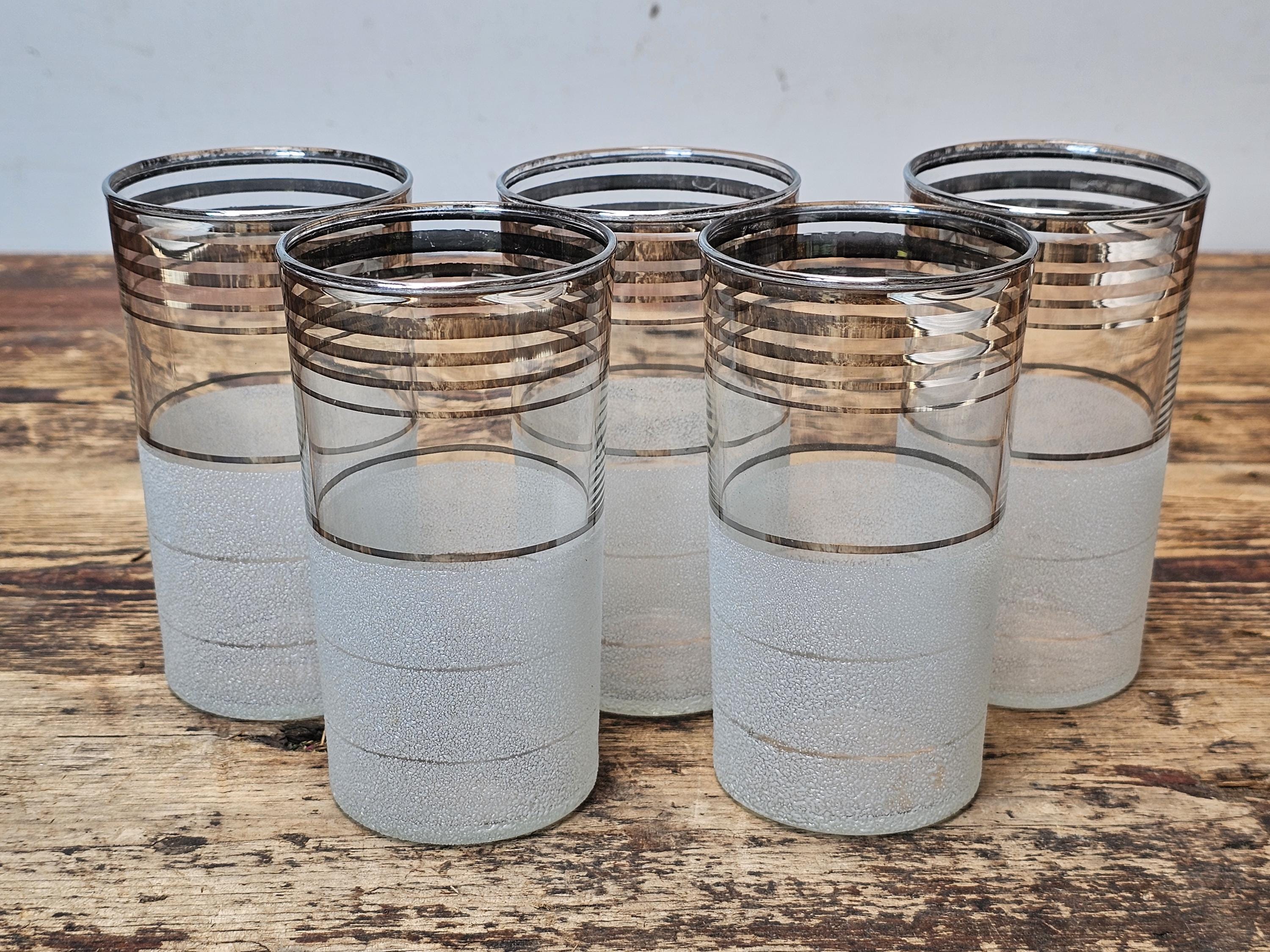 Set of 5 Vintage Mid-Century Modern Frosted & Silver Band Tumbler Glasses
