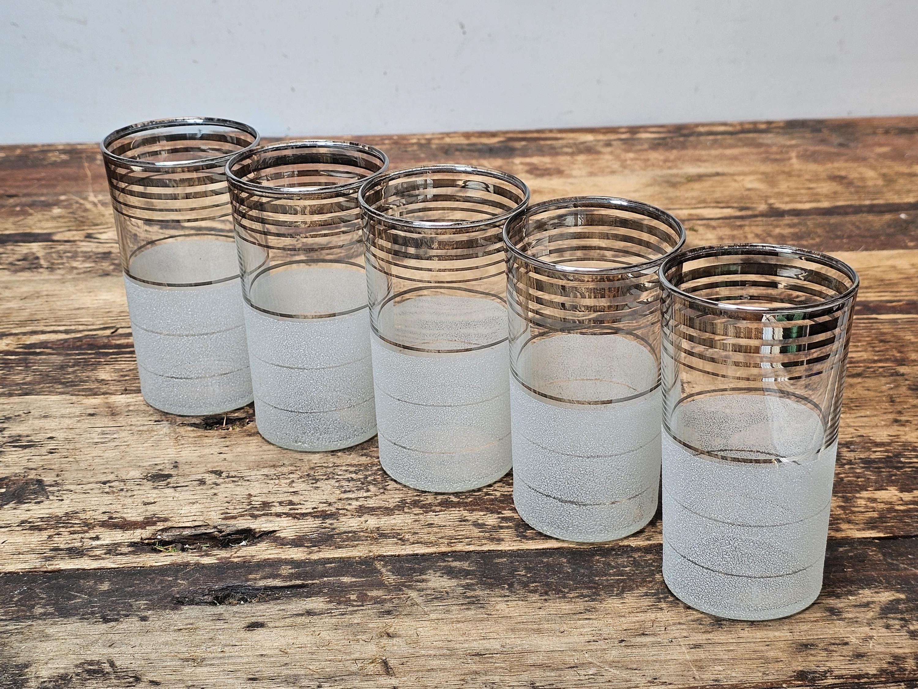 Set of 5 Vintage Mid-Century Modern Frosted & Silver Band Tumbler Glasses