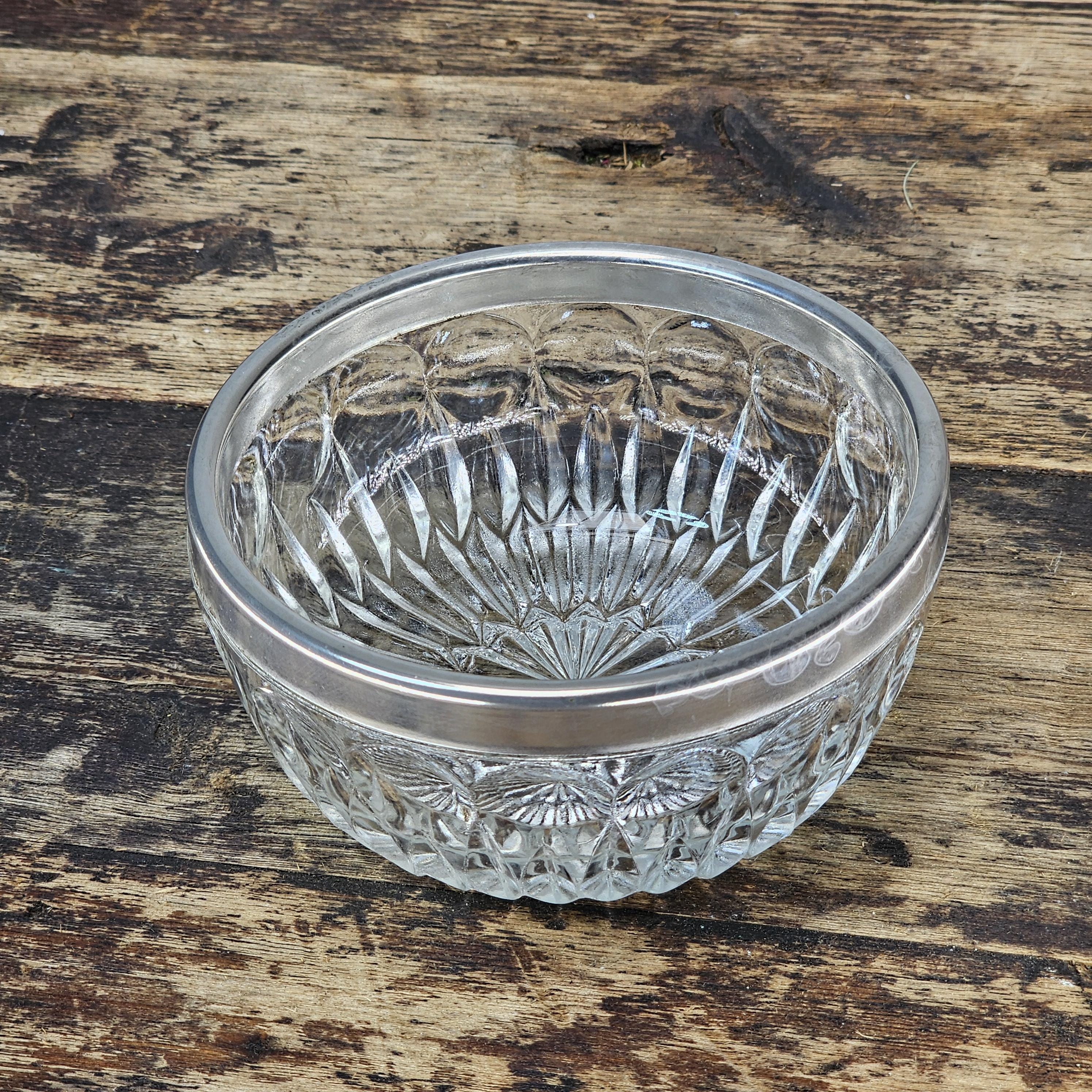 Vintage Pressed Glass Bowl with Silver-Tone Rim | Candy / Nut Dish
