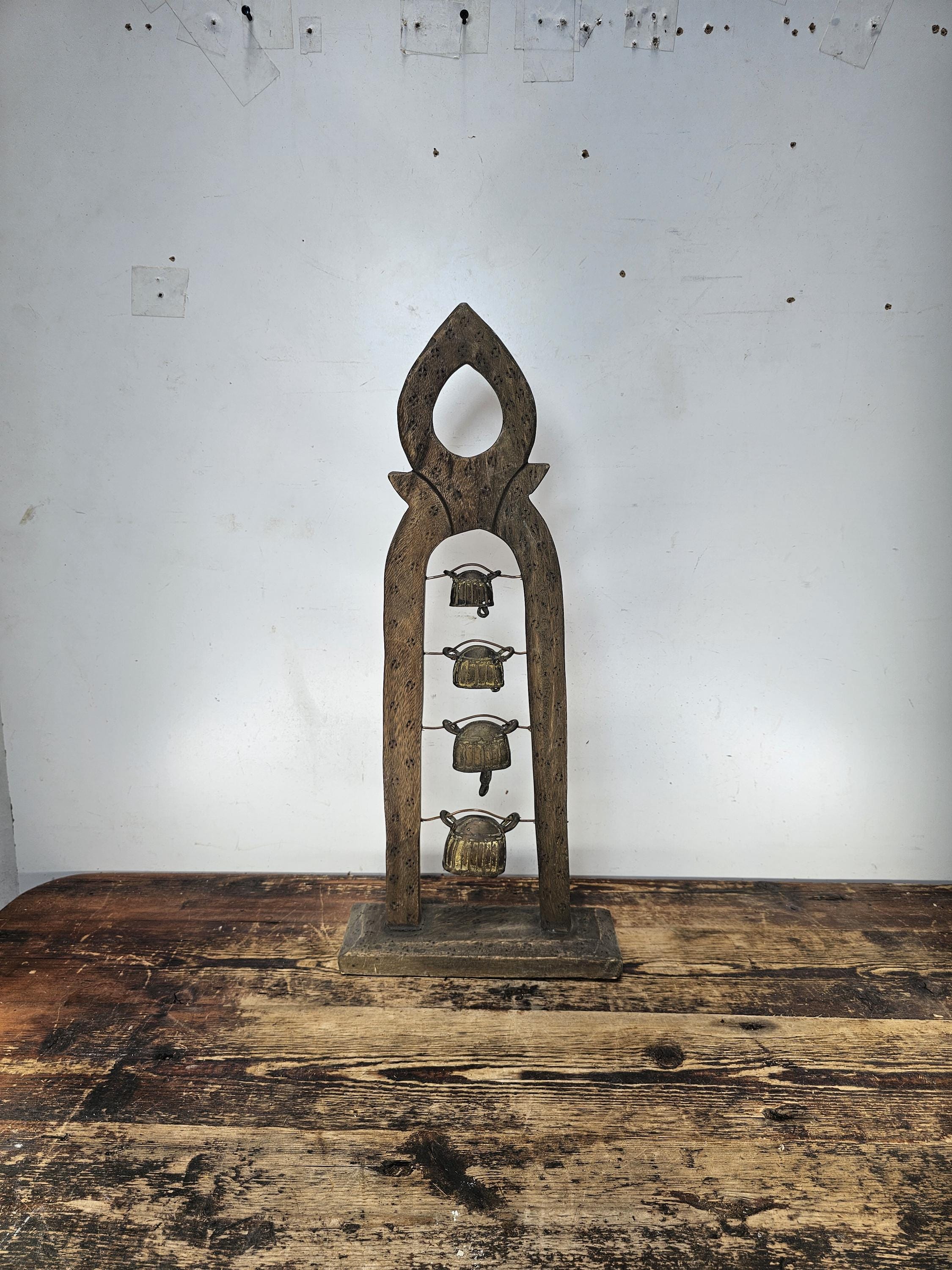 Four Burmese Hka-Lauk Water Buffalo Bells on Wooden Stand 23"H