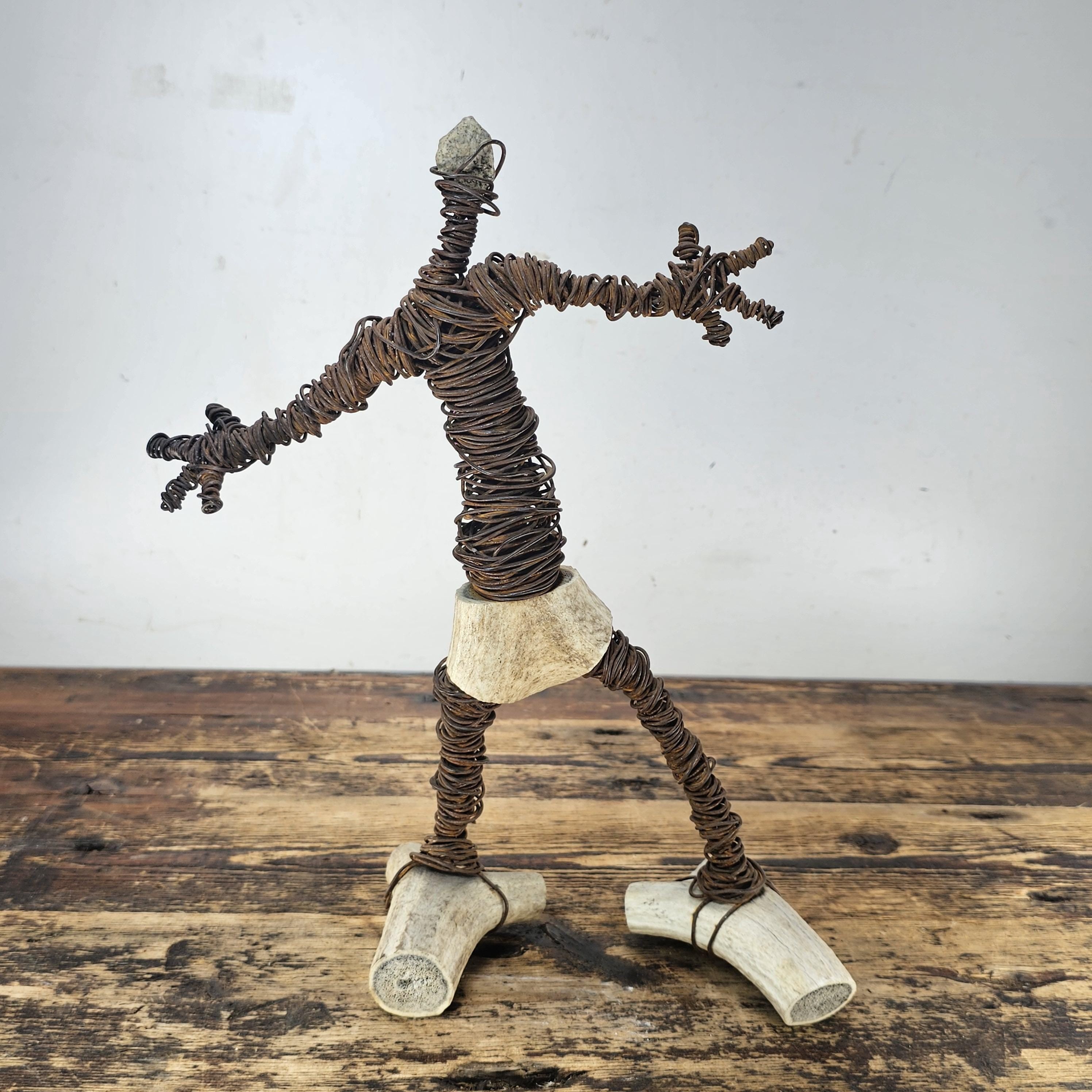 Brutalist Wire & Bone Figural Sculpture 13"H
