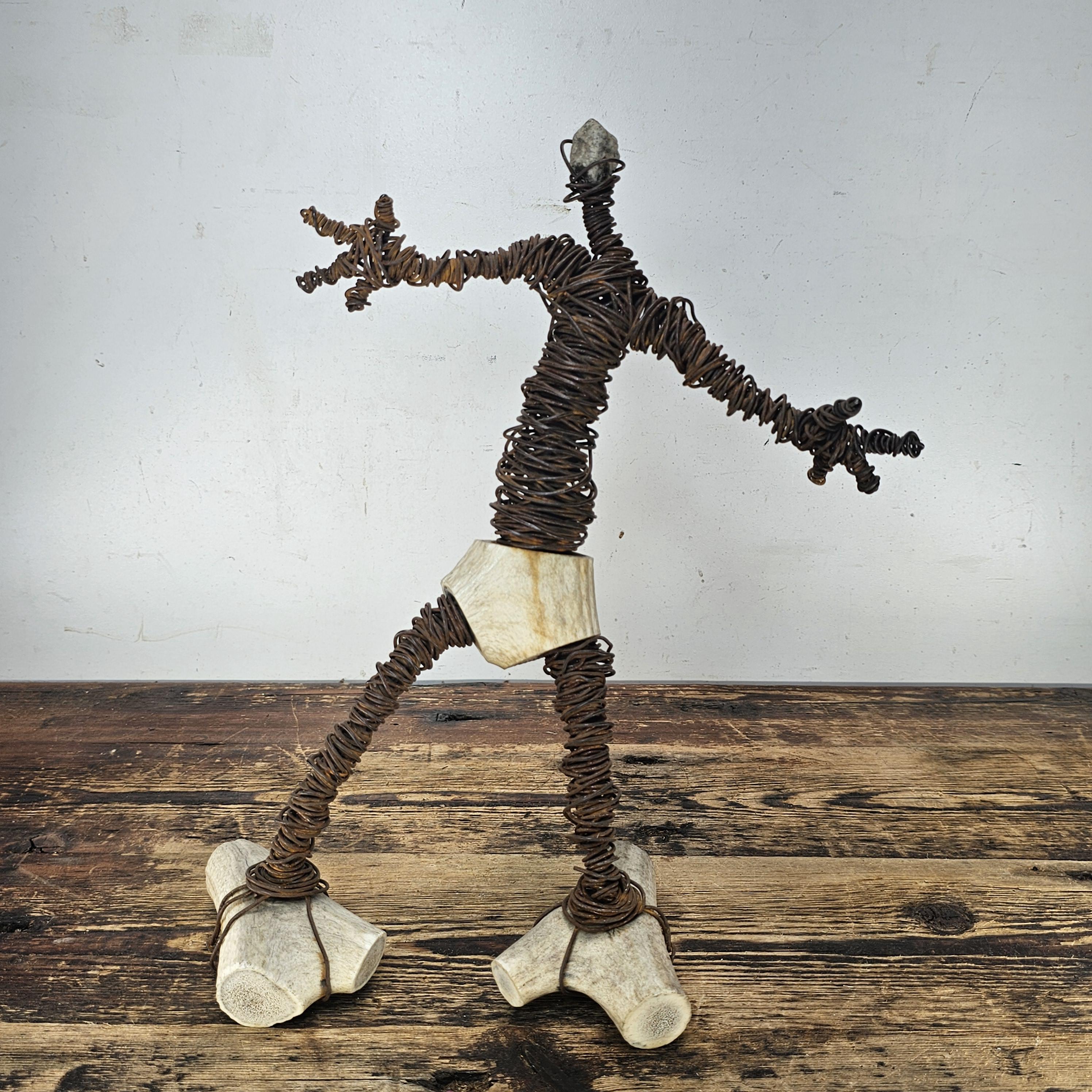 Brutalist Wire & Bone Figural Sculpture 13"H