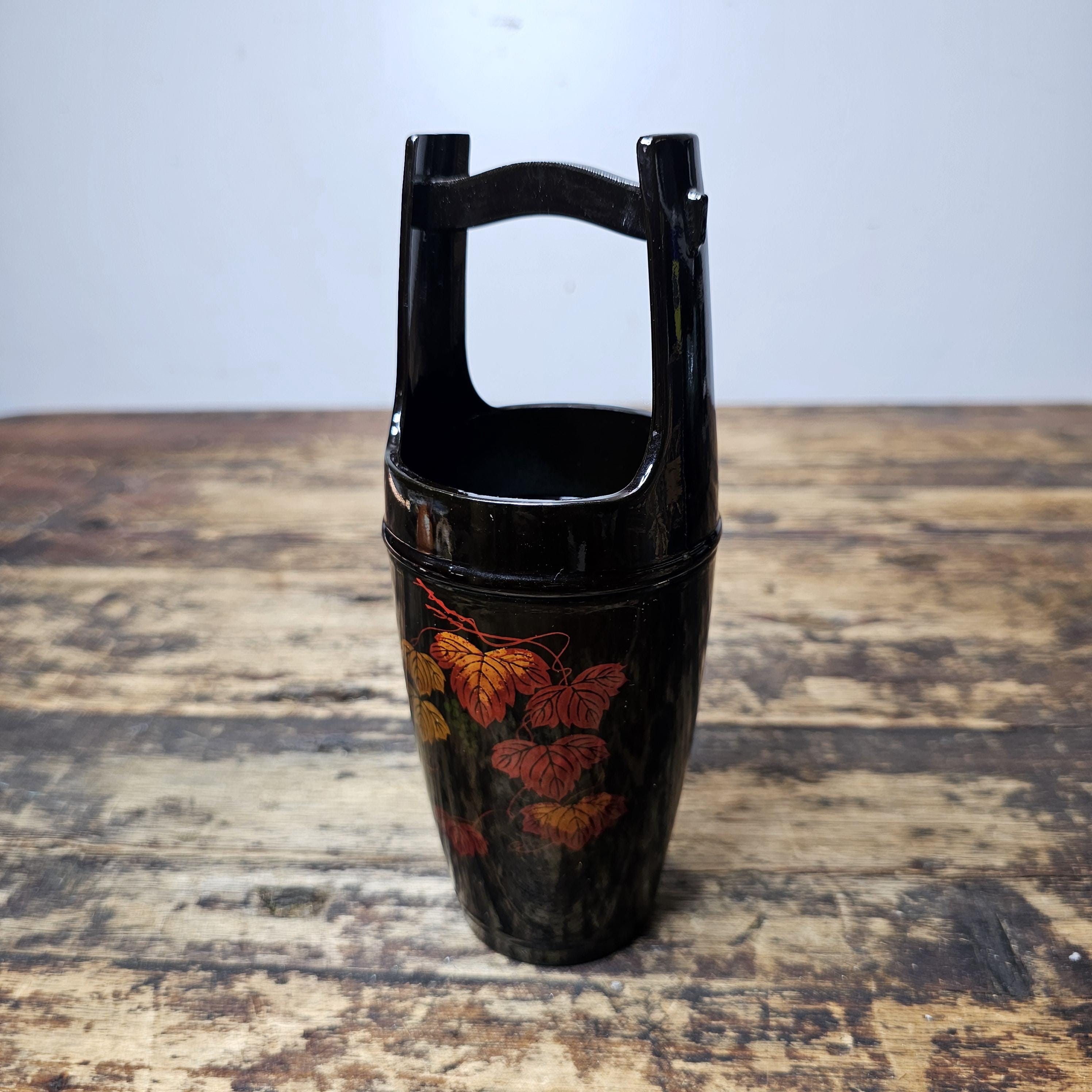 Vintage Yakumo-nuri Lacquerware Ikebana Vase | "Floating" Grape Leaves 8"H