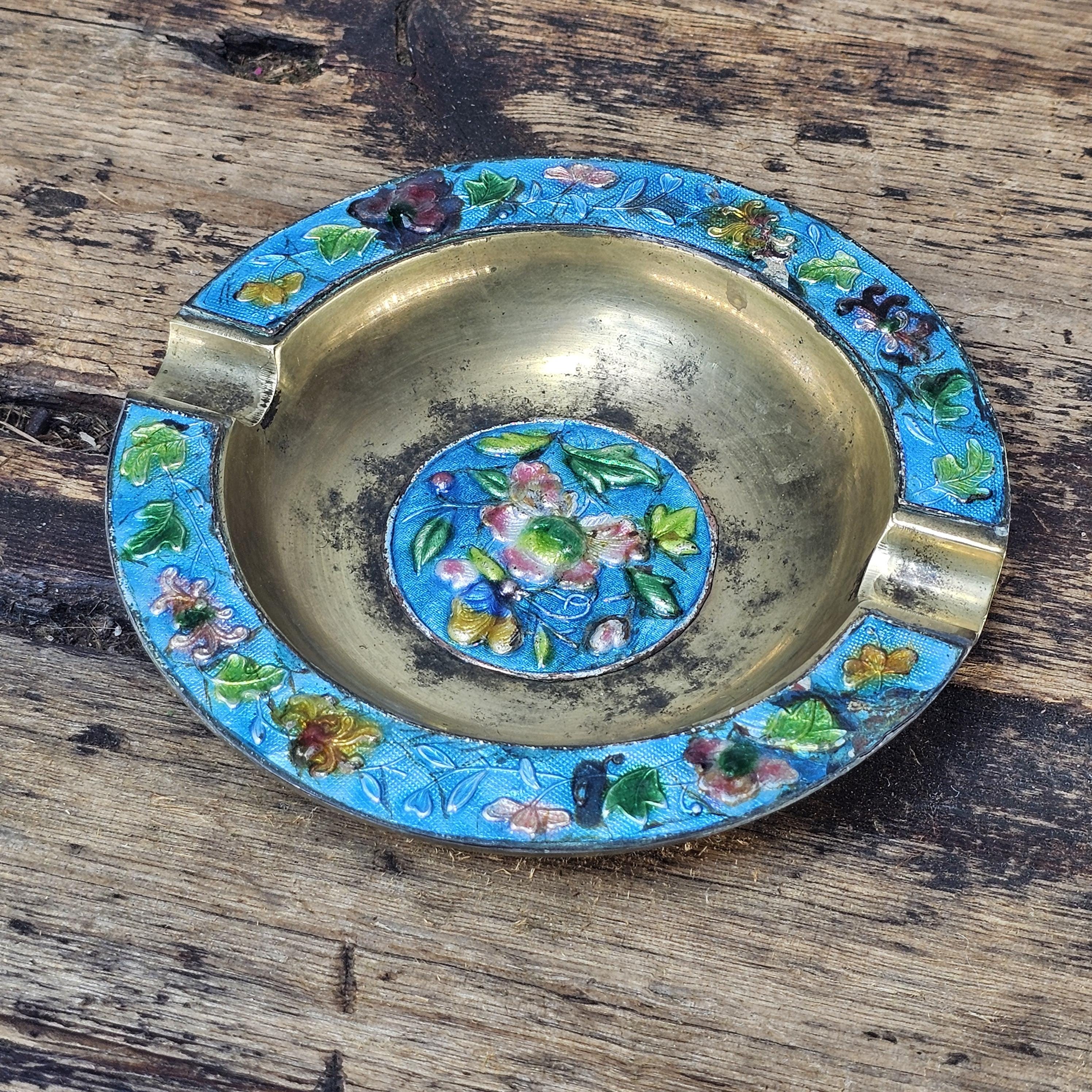 Vintage Chinese Cloisonné Enamel & Brass Ashtray | Ornate Floral Motif 5.25"