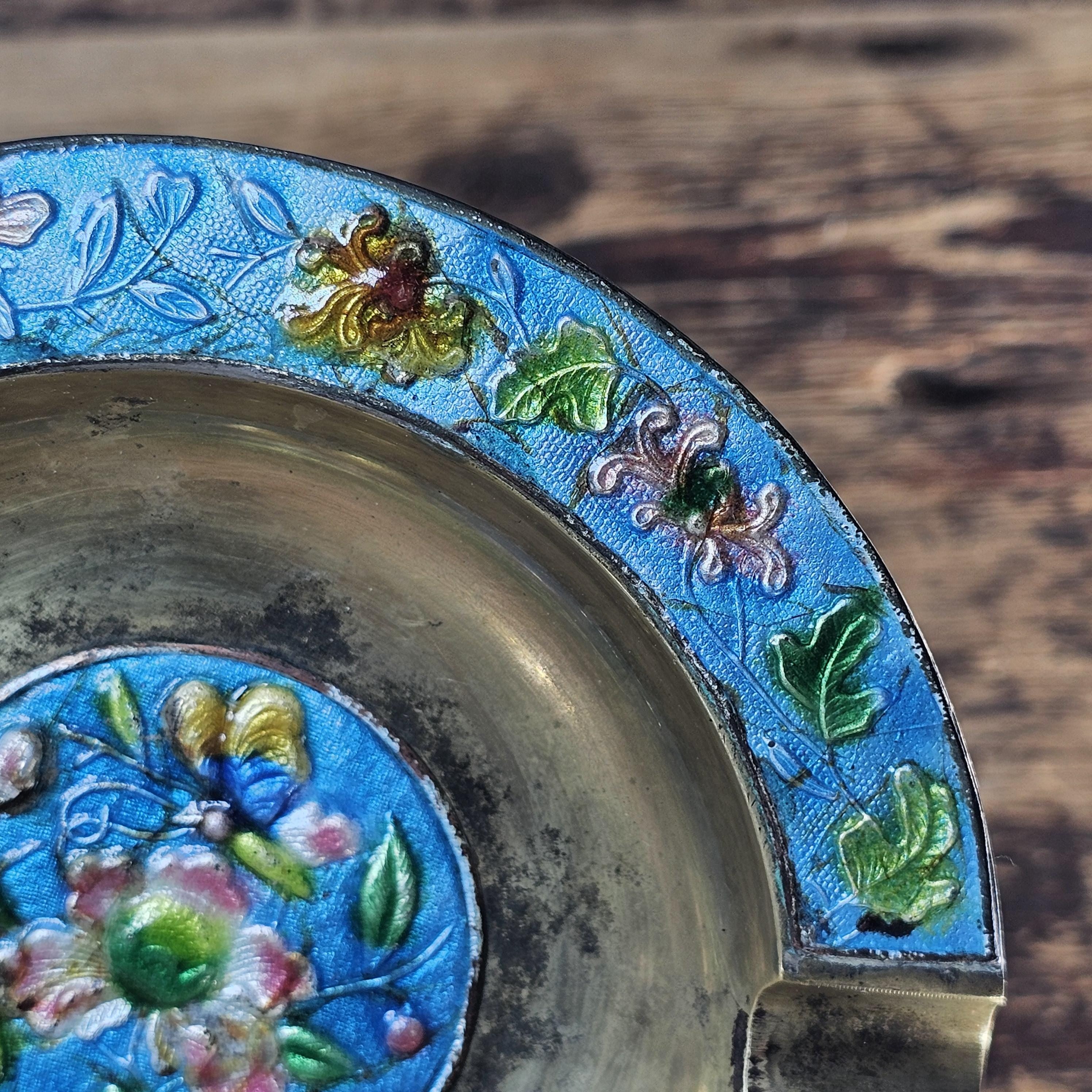 Vintage Chinese Cloisonné Enamel & Brass Ashtray | Ornate Floral Motif 5.25"