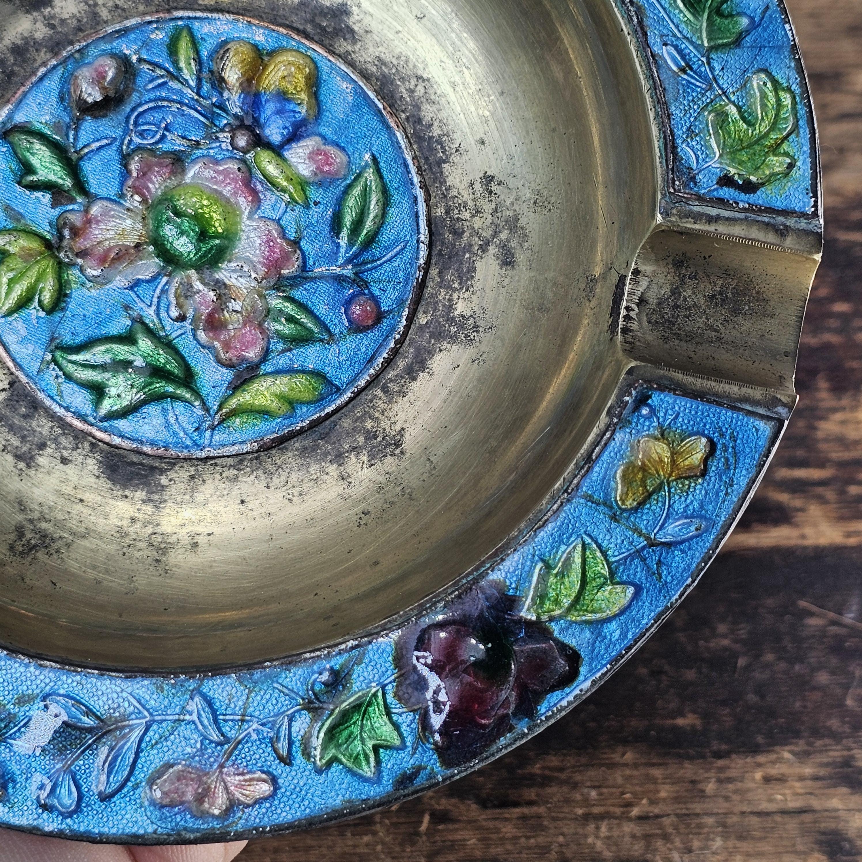 Vintage Chinese Cloisonné Enamel & Brass Ashtray | Ornate Floral Motif 5.25"