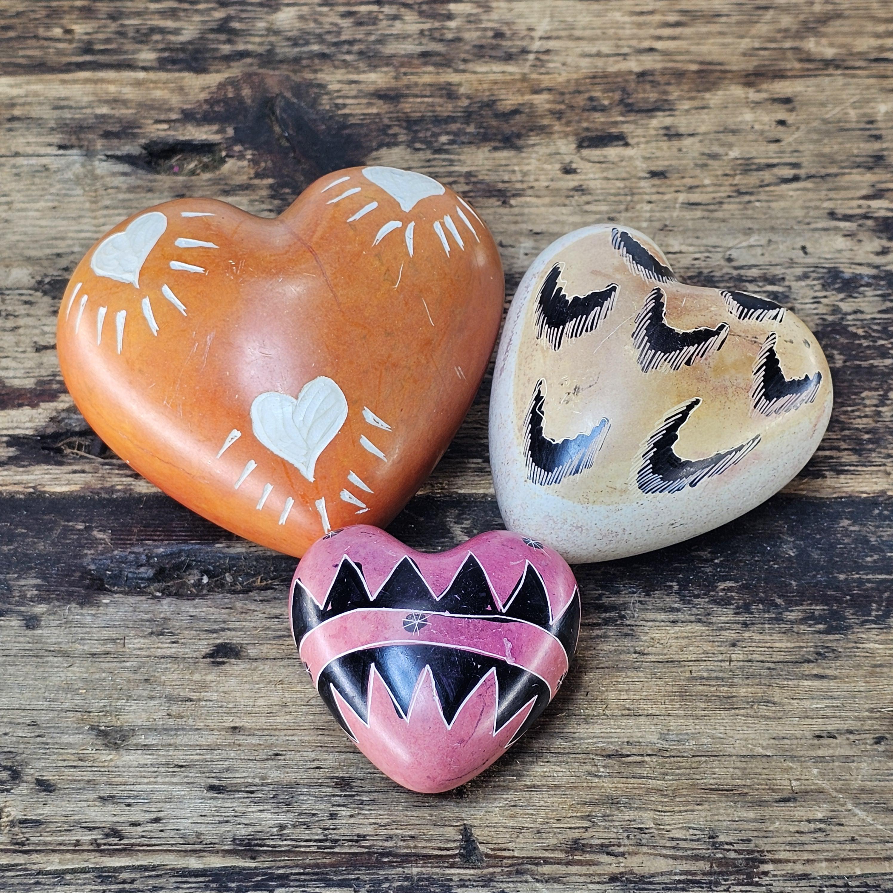 Set of 3 Hand-Carved Kenyan Soapstone Hearts African Art Decorative Paperweights