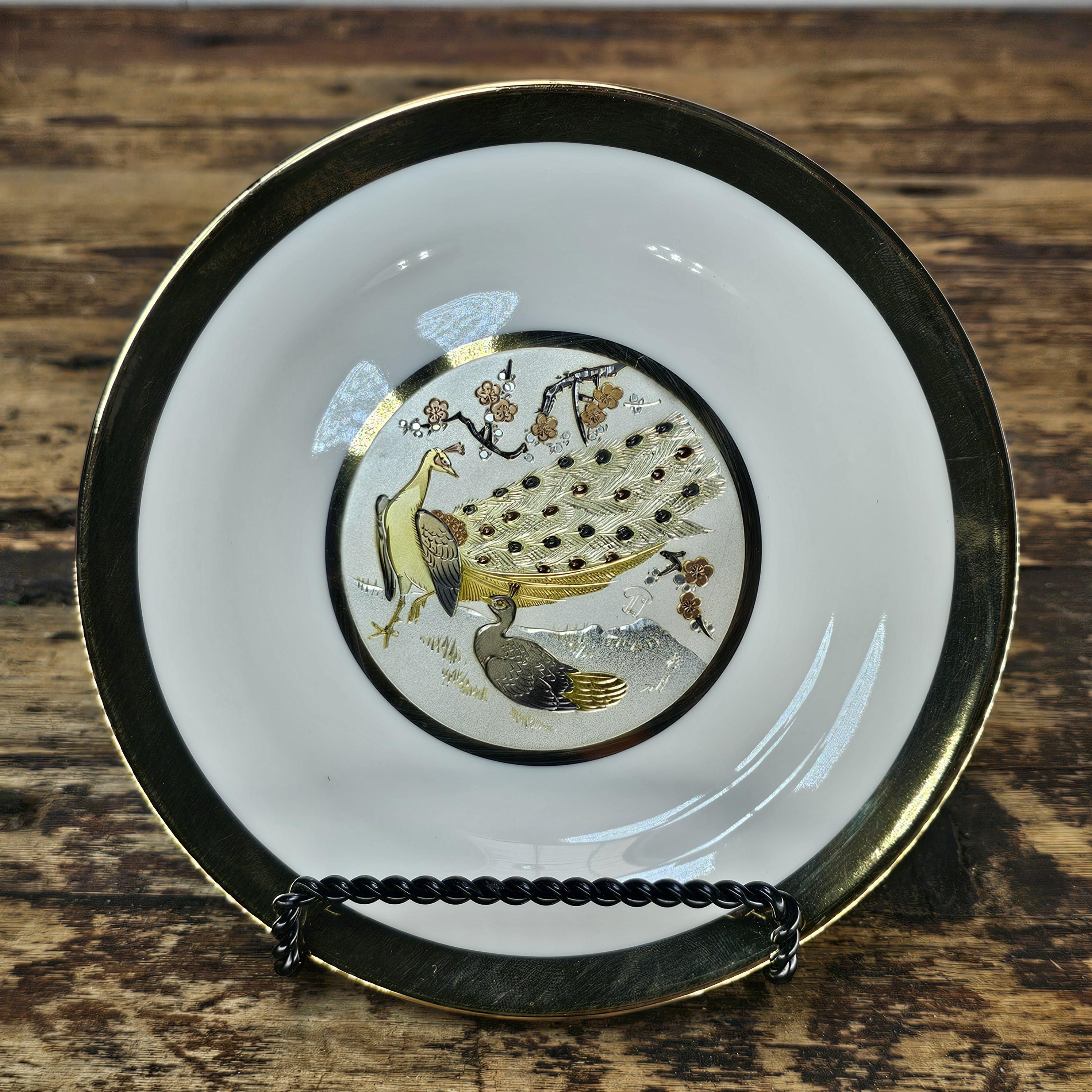 Set of 3 Vintage Art of Chokin Plates - Owl & Peacock by Keigetsu / Shuzan
