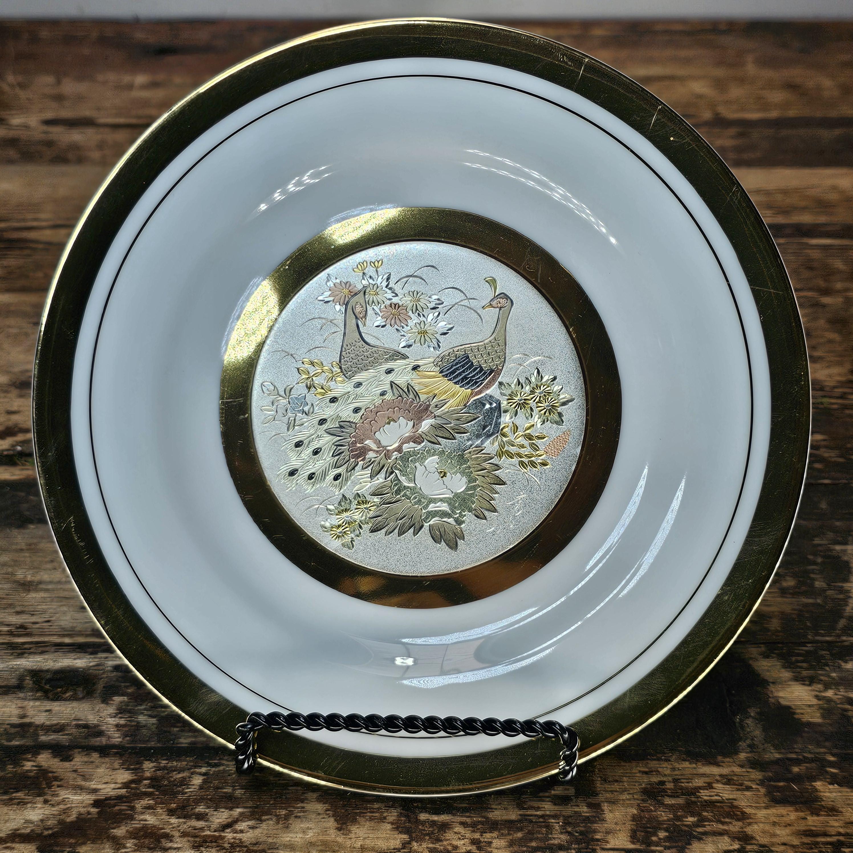 Set of 3 Vintage Art of Chokin Plates - Owl & Peacock by Keigetsu / Shuzan