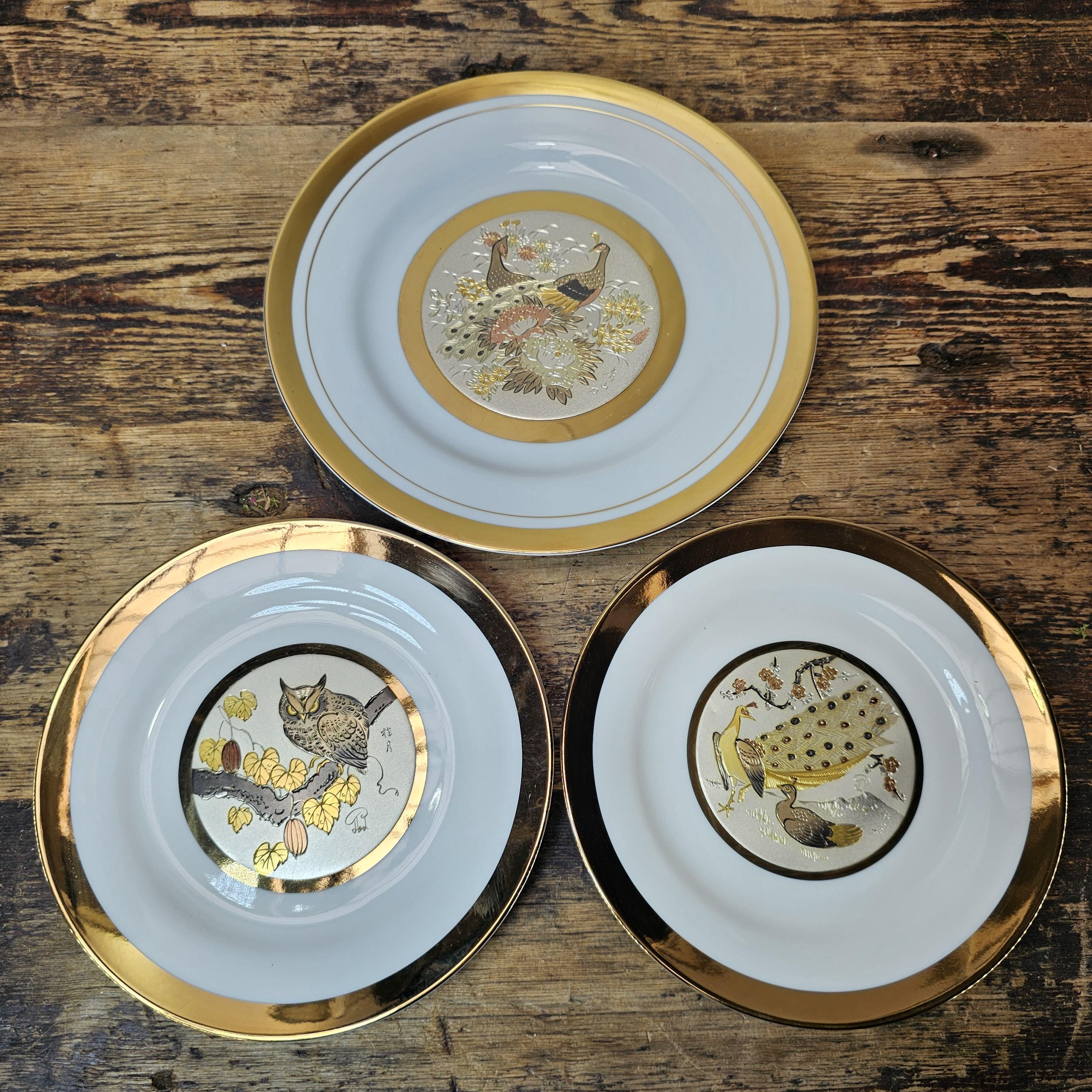 Set of 3 Vintage Art of Chokin Plates - Owl & Peacock by Keigetsu / Shuzan