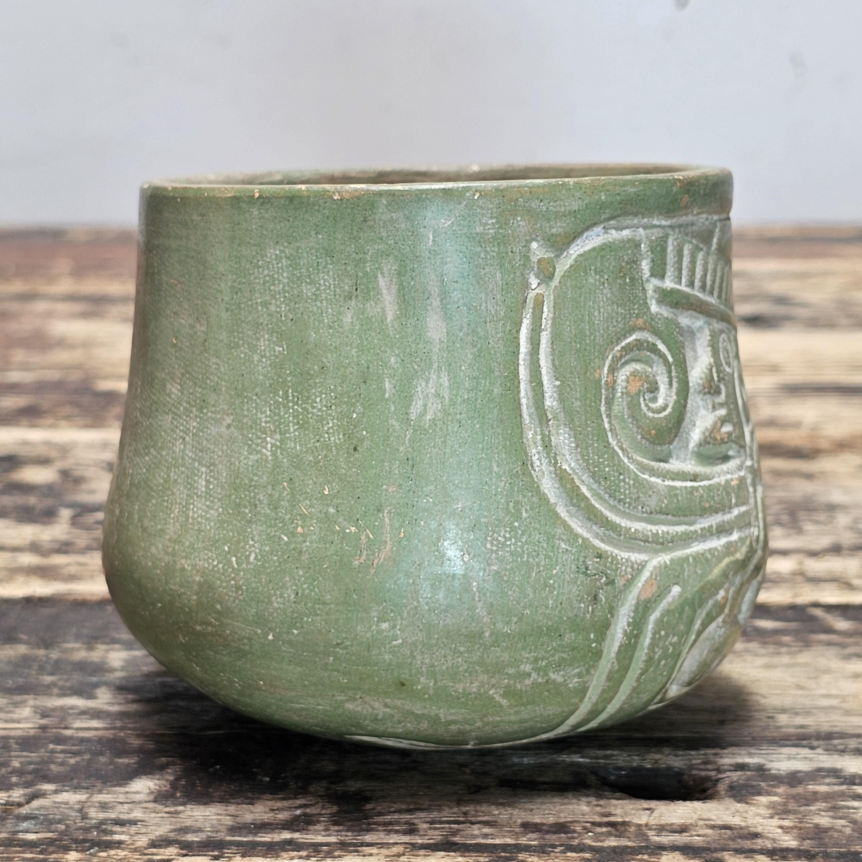 Mayan-Style Carved Jade-Green Vase (Modern Reproduction)