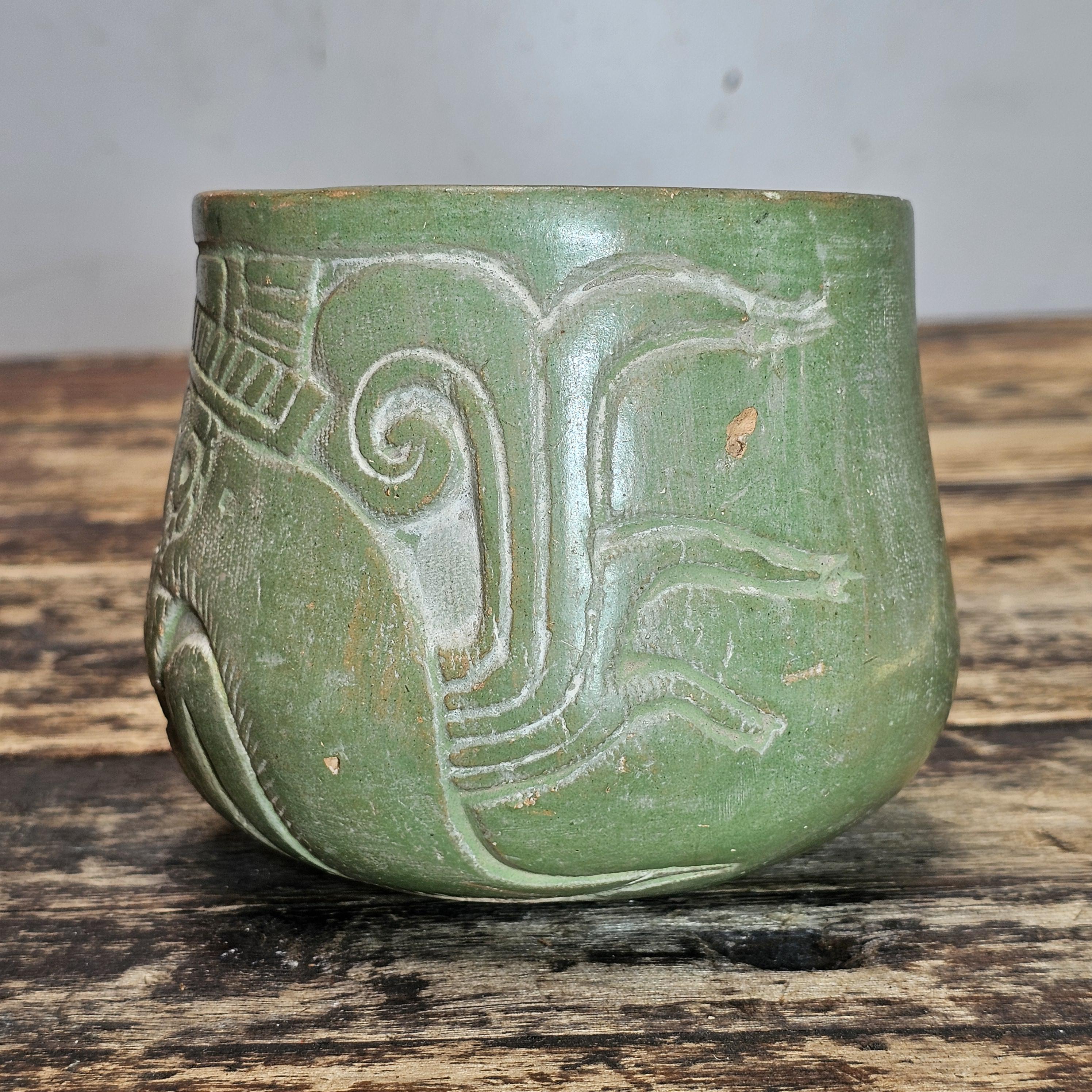 Mayan-Style Carved Jade-Green Vase (Modern Reproduction)