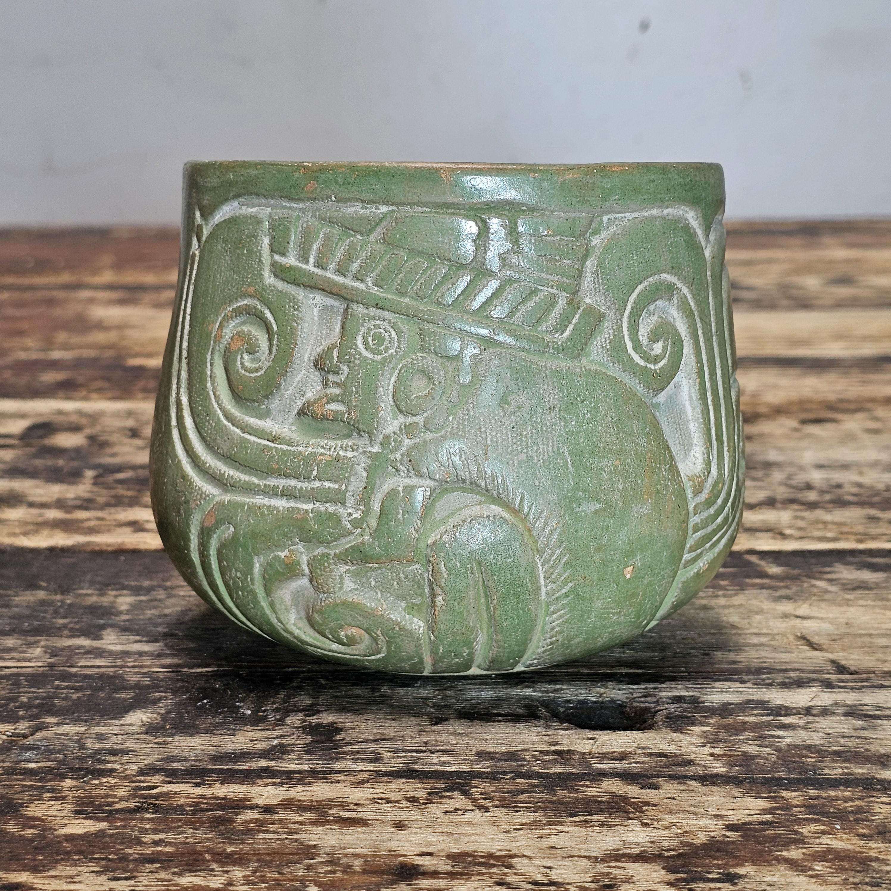Mayan-Style Carved Jade-Green Vase (Modern Reproduction)