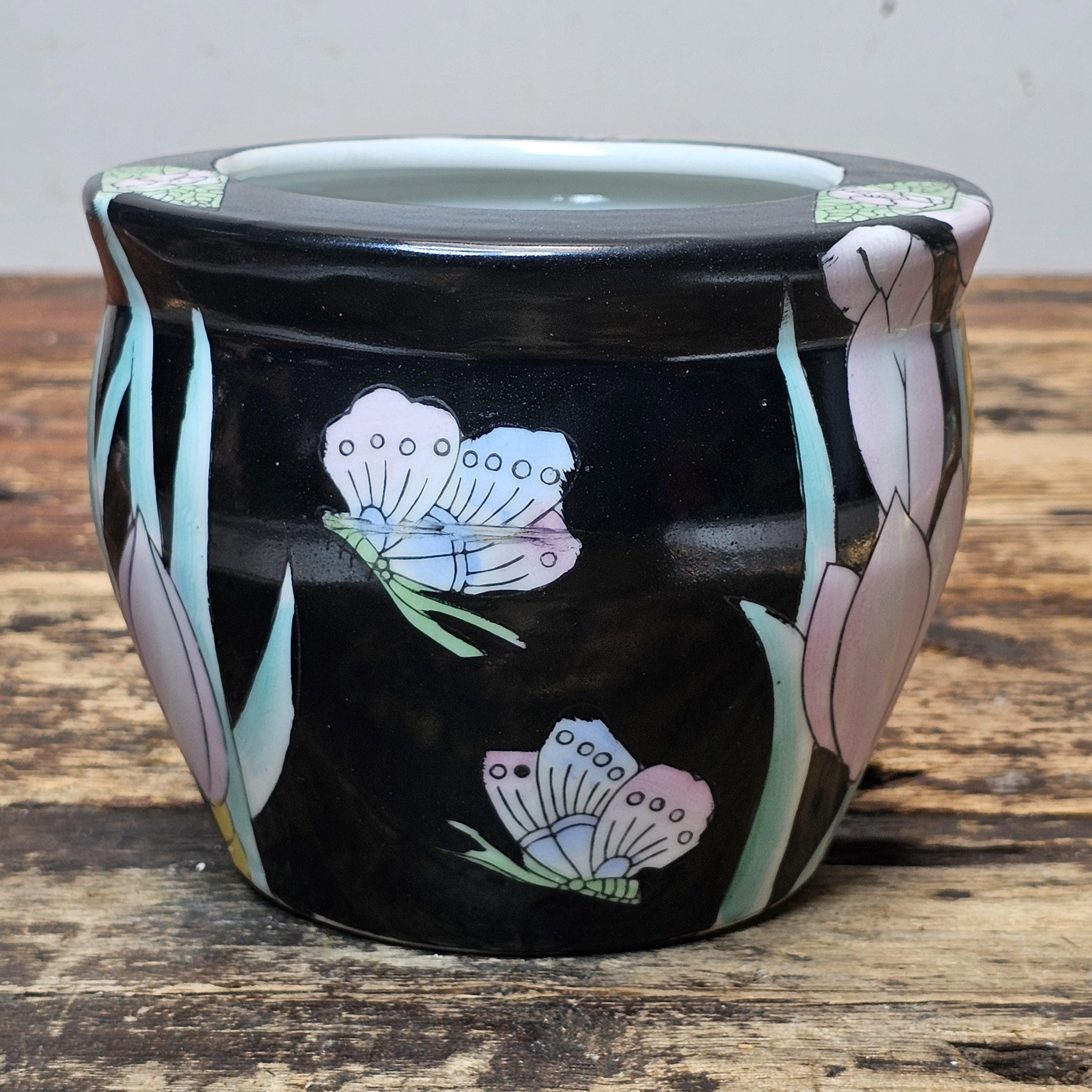 Vintage Ceramic Planter | Pastel Floral & Butterfly Motif 6" Dia. x 5" H