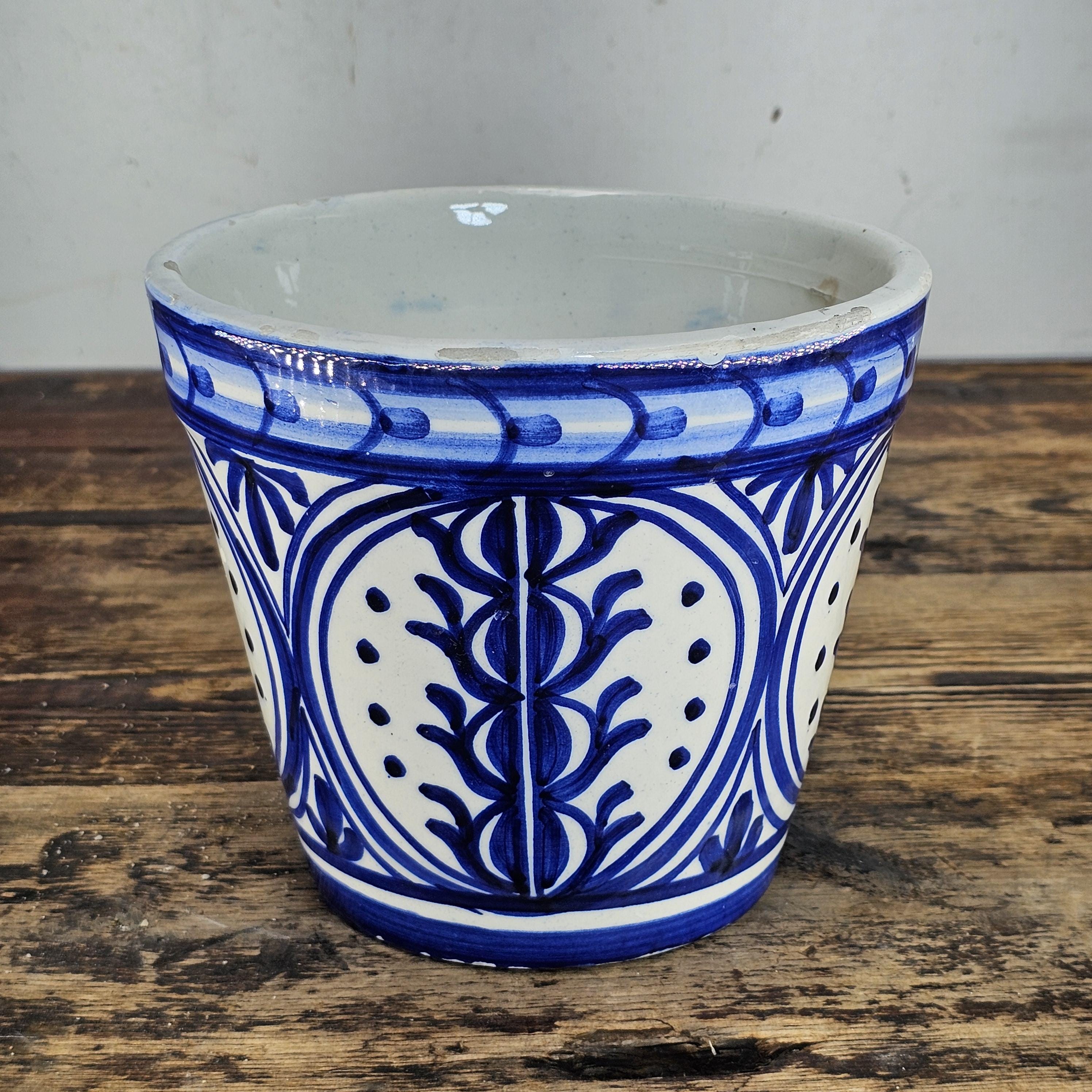 Vintage Spanish Talavera Pottery Planter | Blue & White Hand-Painted