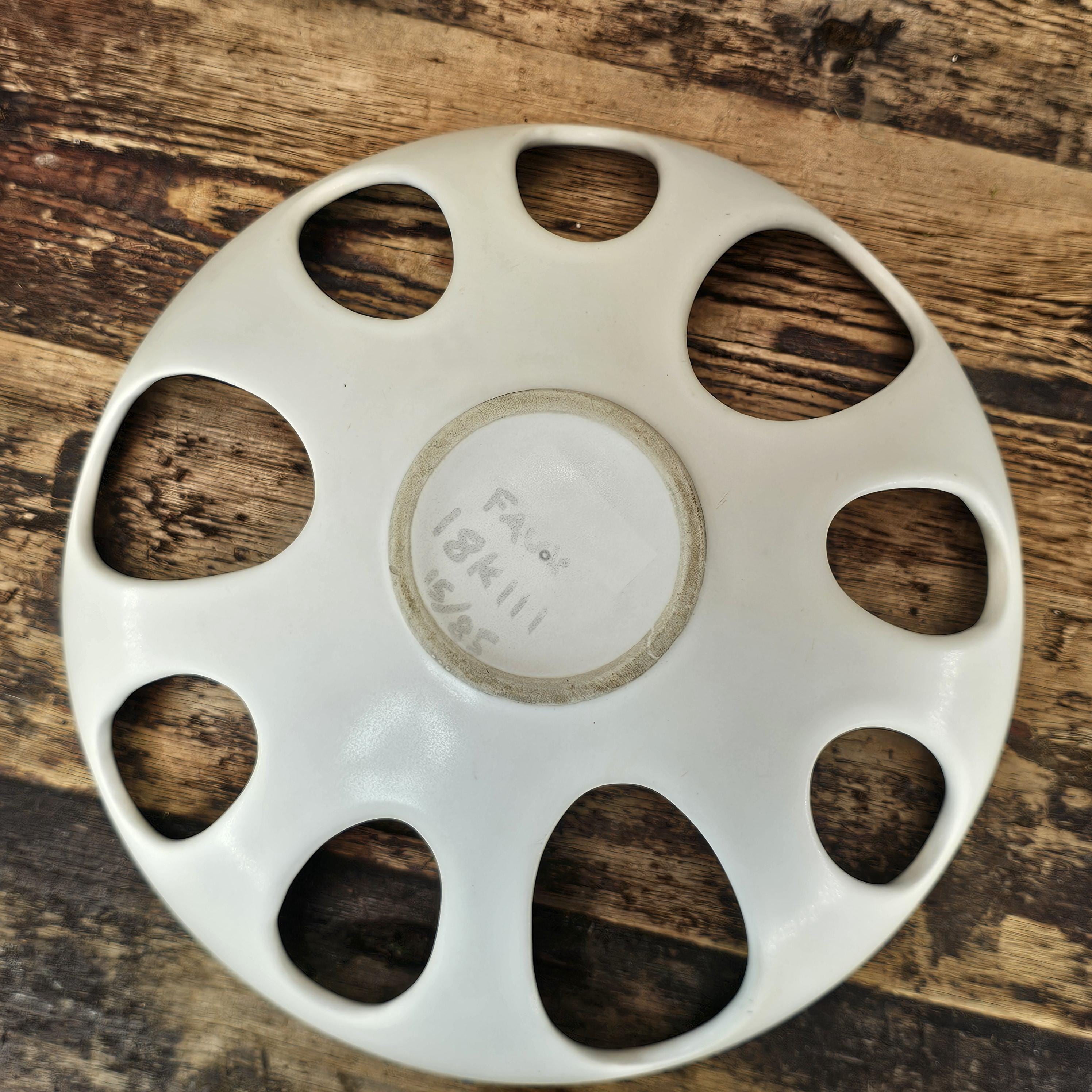 Modernist White Ceramic Pierced Fruit Bowl 12.25"Diam x 5"H