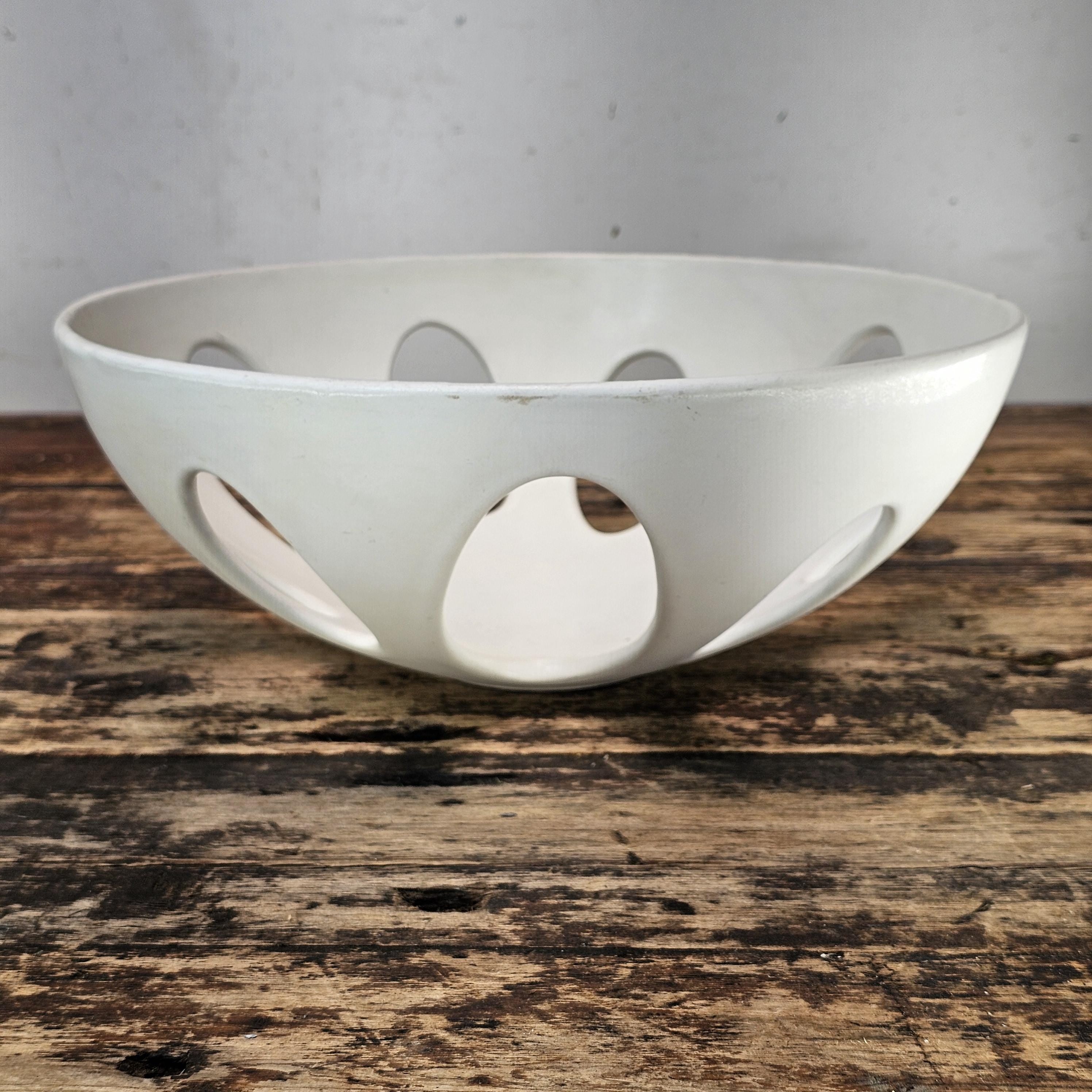 Modernist White Ceramic Pierced Fruit Bowl 12.25"Diam x 5"H