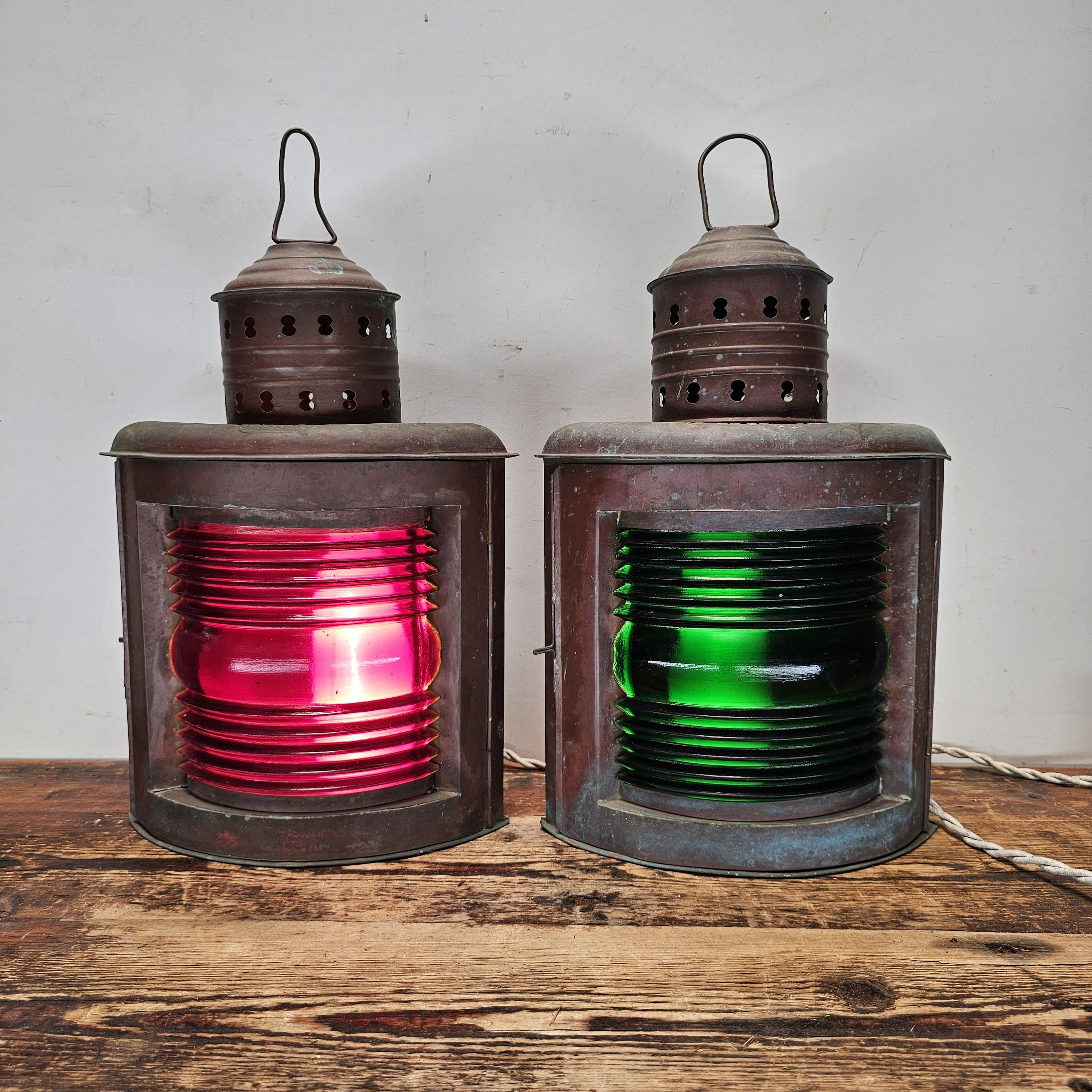 Authentic Vintage USA Copper Marine Lamps - Set of 2 Red/Green Ship Lights