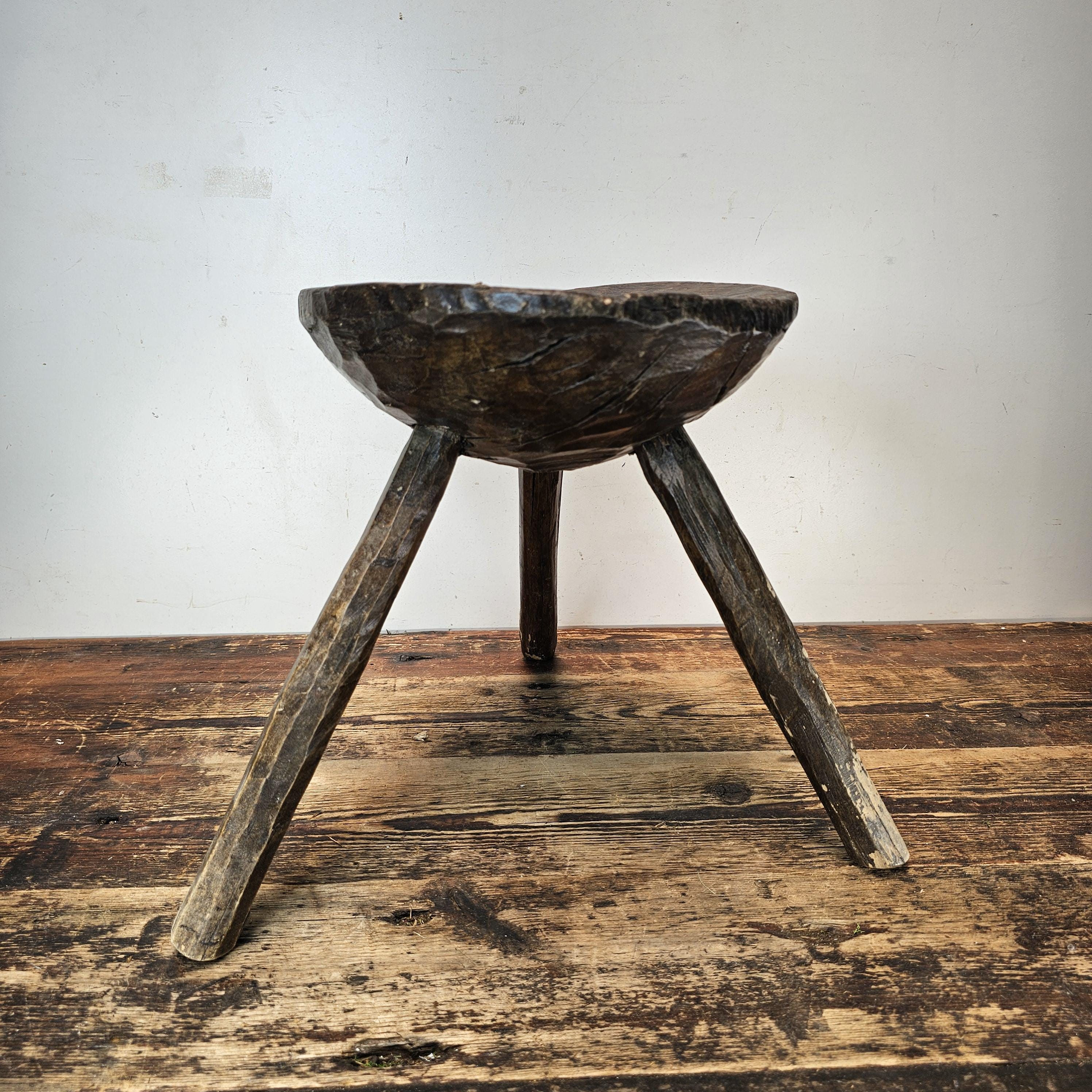 Authentic 18th-19th Century European Primitive Milking Stool / Wabi Sabi 12.75"H